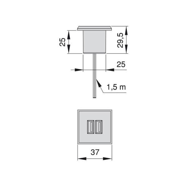 Connecteur carré Plugy, à encastrer au meuble, 2 ports USB, 37 mm, Plastique, gris- - 4