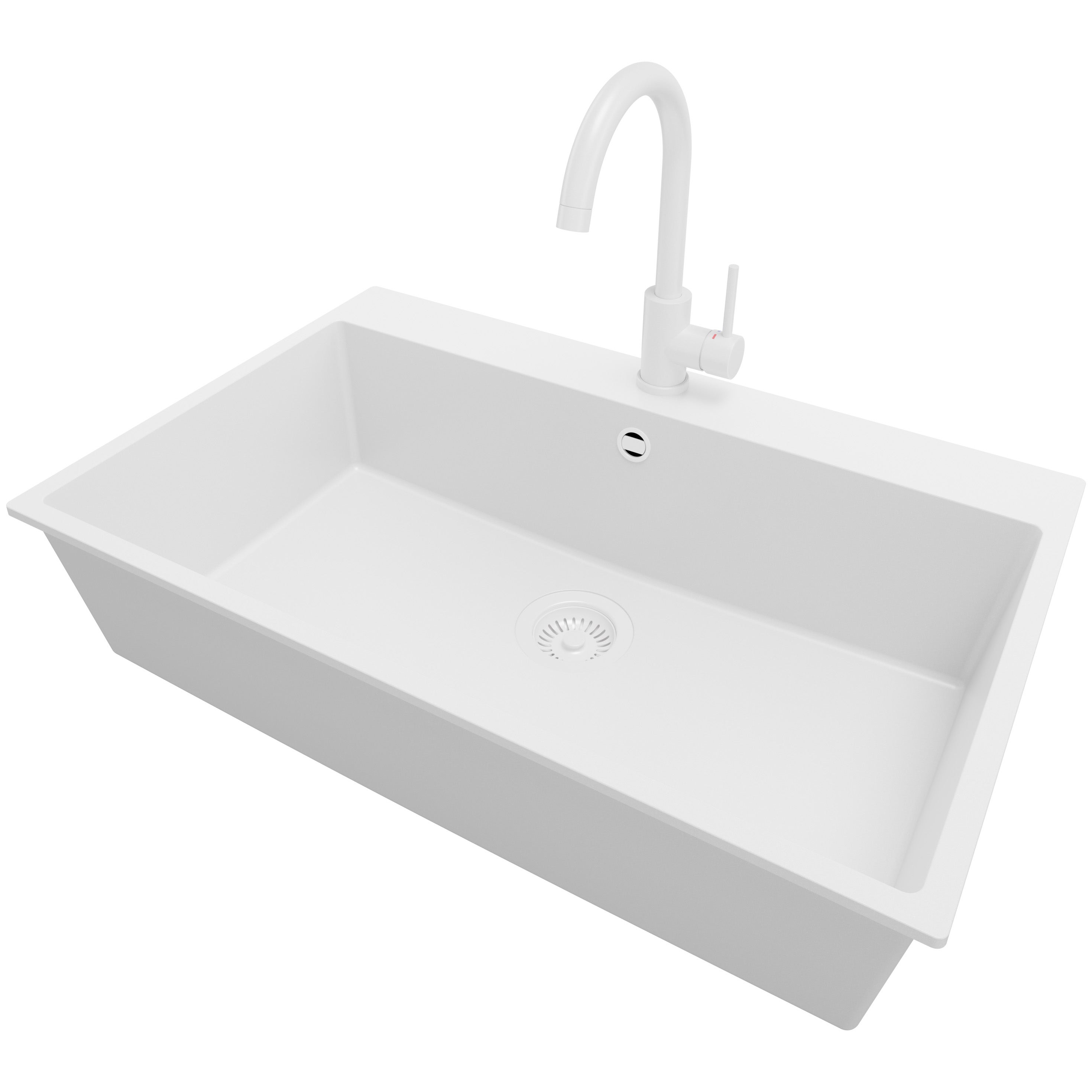 Zlewozmywak Granitowy Cały Biały 78x50cm, Zlew Kuchenny 1 Komorowy + Bateria 32x20cm + Syfon, Nablatowy do szafki od 80cm - Ryga PRIMAGRAN