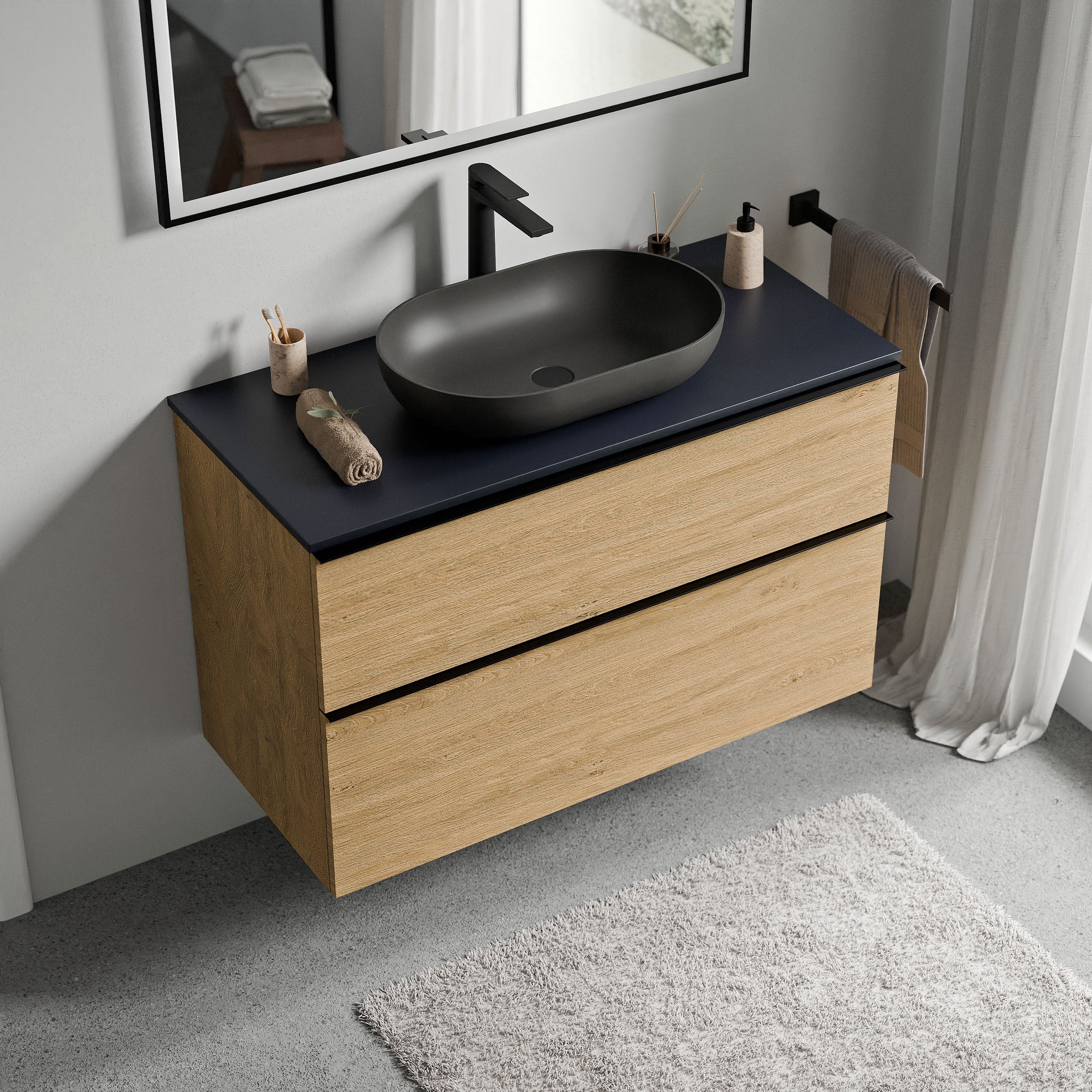 BERNSTEIN - Meuble sous vasque suspendu MDF Chêne miel, plan vasque Bleu nuit mat, poignée Anthracite mat - 100x46x62cm - LAVOA - 2