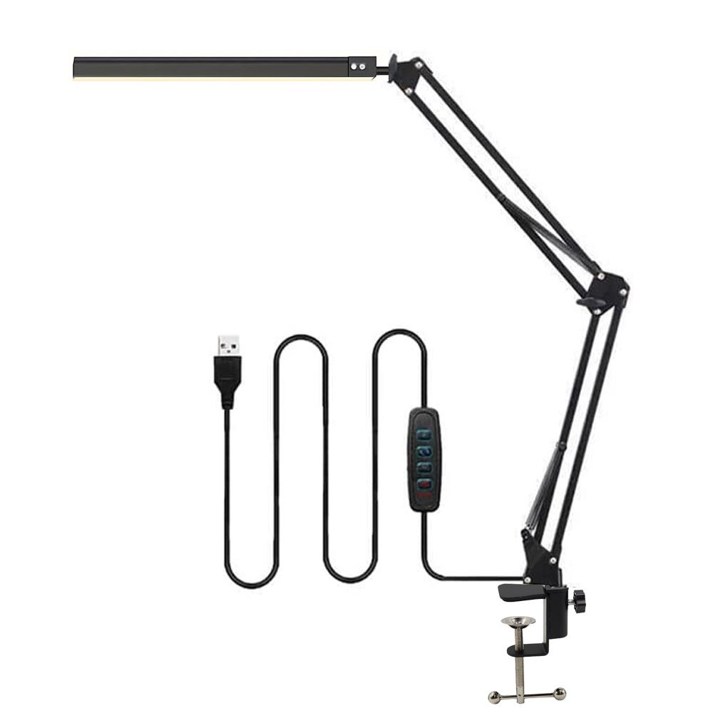 Czarna lampka biurkowa LED i do czytania z portem USB, obrotowym ramieniem i klipsem, ściemnialna, 3 tryby kolorów, ochrona oczu