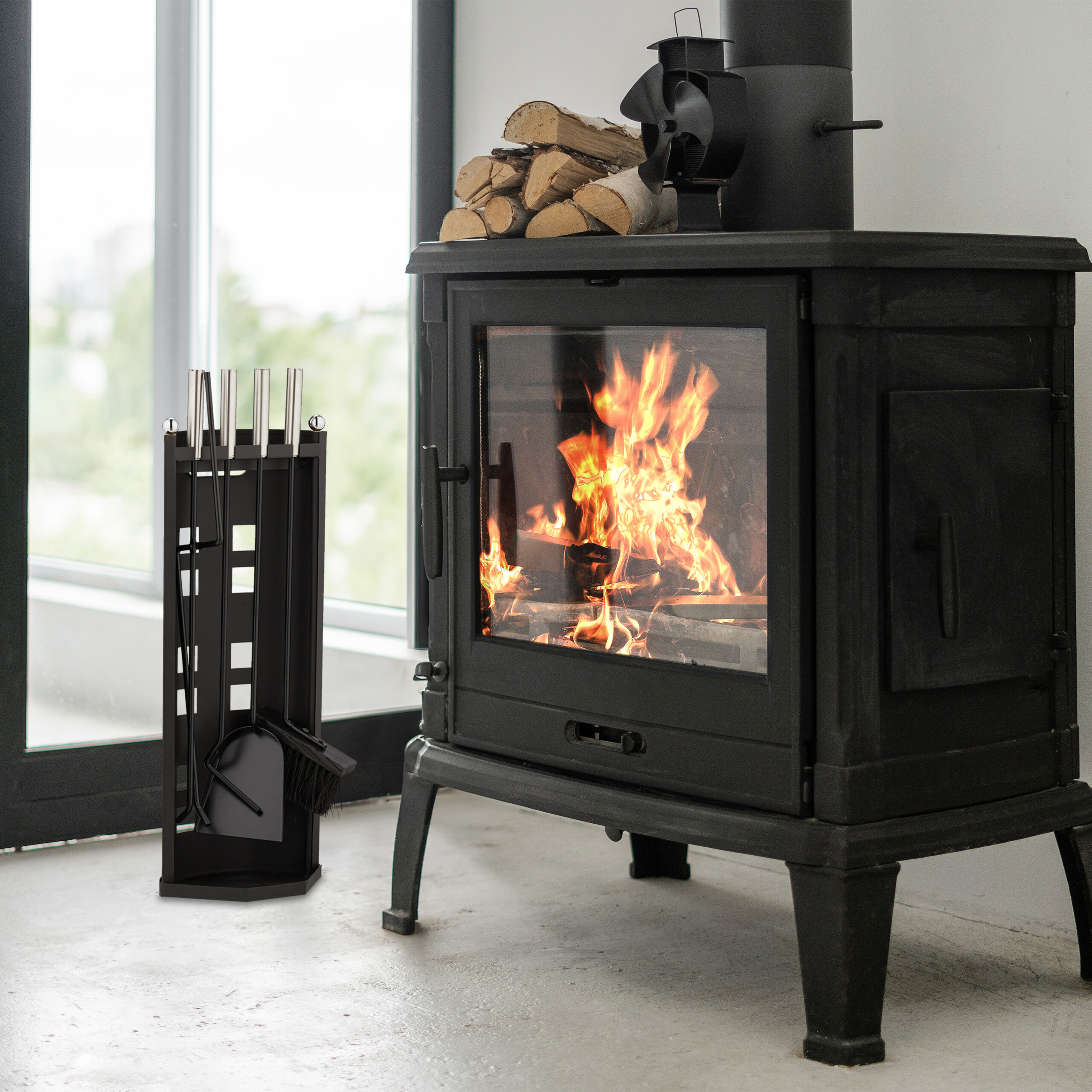 Relaxdays Couverts à cheminée, 5 pièces, serviteur, tisonnier, pelle à cendres, balai, pince & support moderne, noir - 2