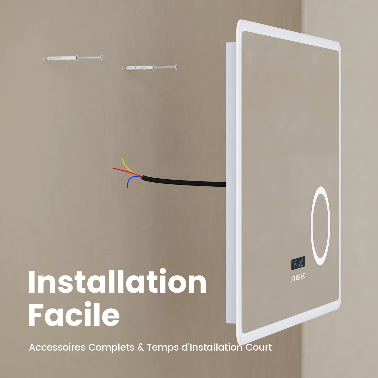 EMKE Miroir de salle de bain LED 100 x 60 cm - Bluetooth, Antibuée, 3 couleurs de lumière, intensité réglable, Grossissant 3x - 7