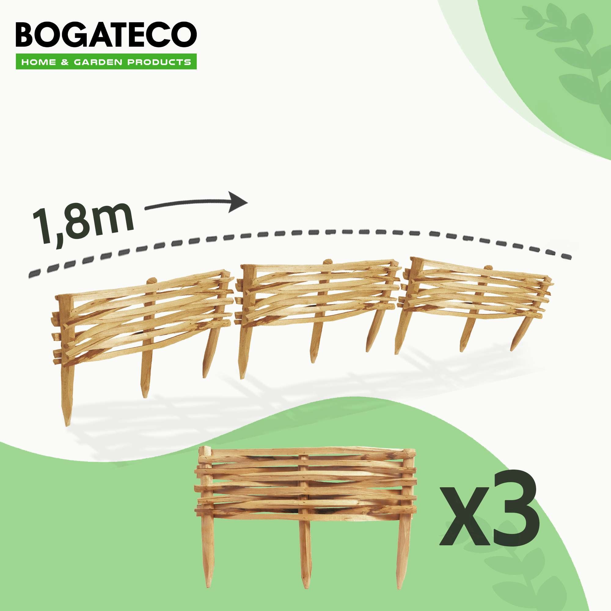BOGATECO Lot de 3 Bordures de Jardin en Noisetier Brun - Longueur 60 cm - Hauteur 20 cm - Clôture à Planter Imprégnée - Support de Parterre - 3