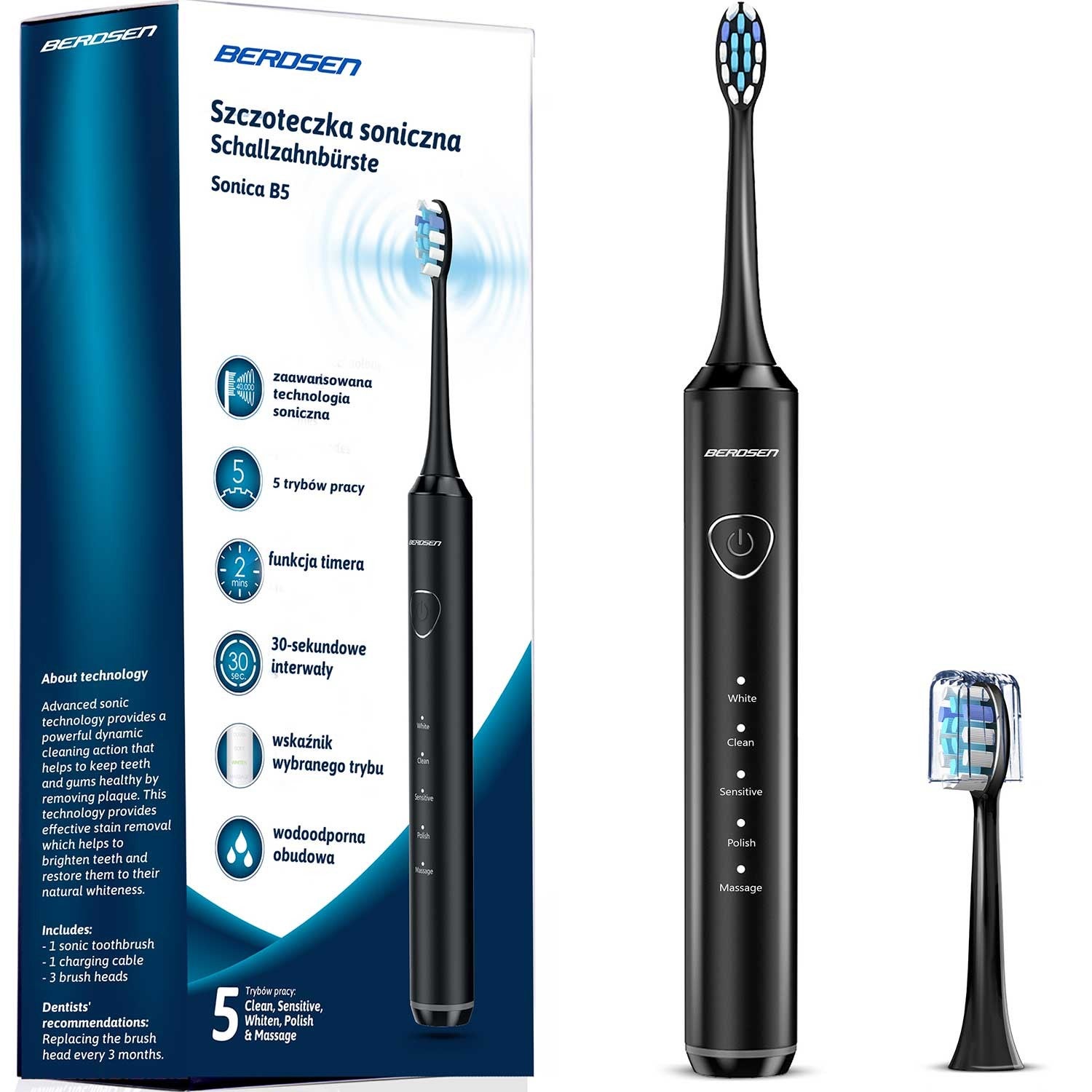Szczoteczka soniczna do zębów Sonica B5 czarna Berdsen 5166