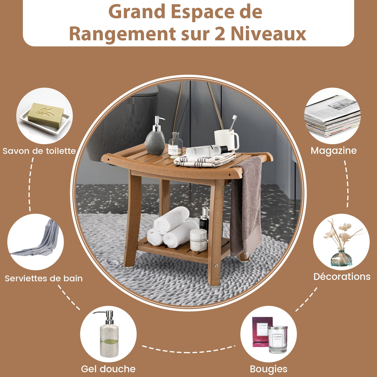 Tabouret Salle de Bain 2 Niveaux en PEHD Étanche, Banc de Douche Antidérapants Siège Incurvé pour Enfants et Adultes Charge 150kg, Marron - 4
