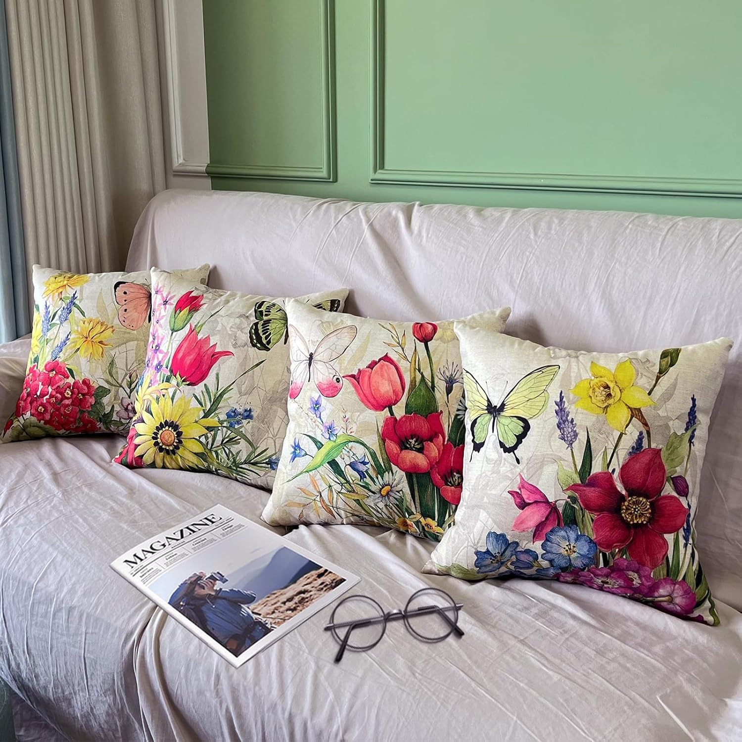 Lot de 4 Housse de Coussin, Housse Coussin 45x45 Housses de Coussin Taie d'oreiller Décoratif Canapé pour Chambre, Canapé, Chaise, Lit,Jardin (Fleur-L - 4