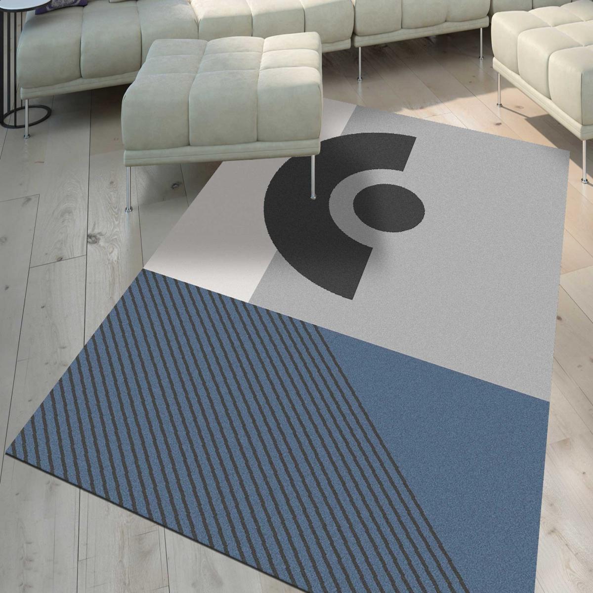 tapis chambre 120x160 tissé gris et bleu rectangle motif géométrique ELAK - 2