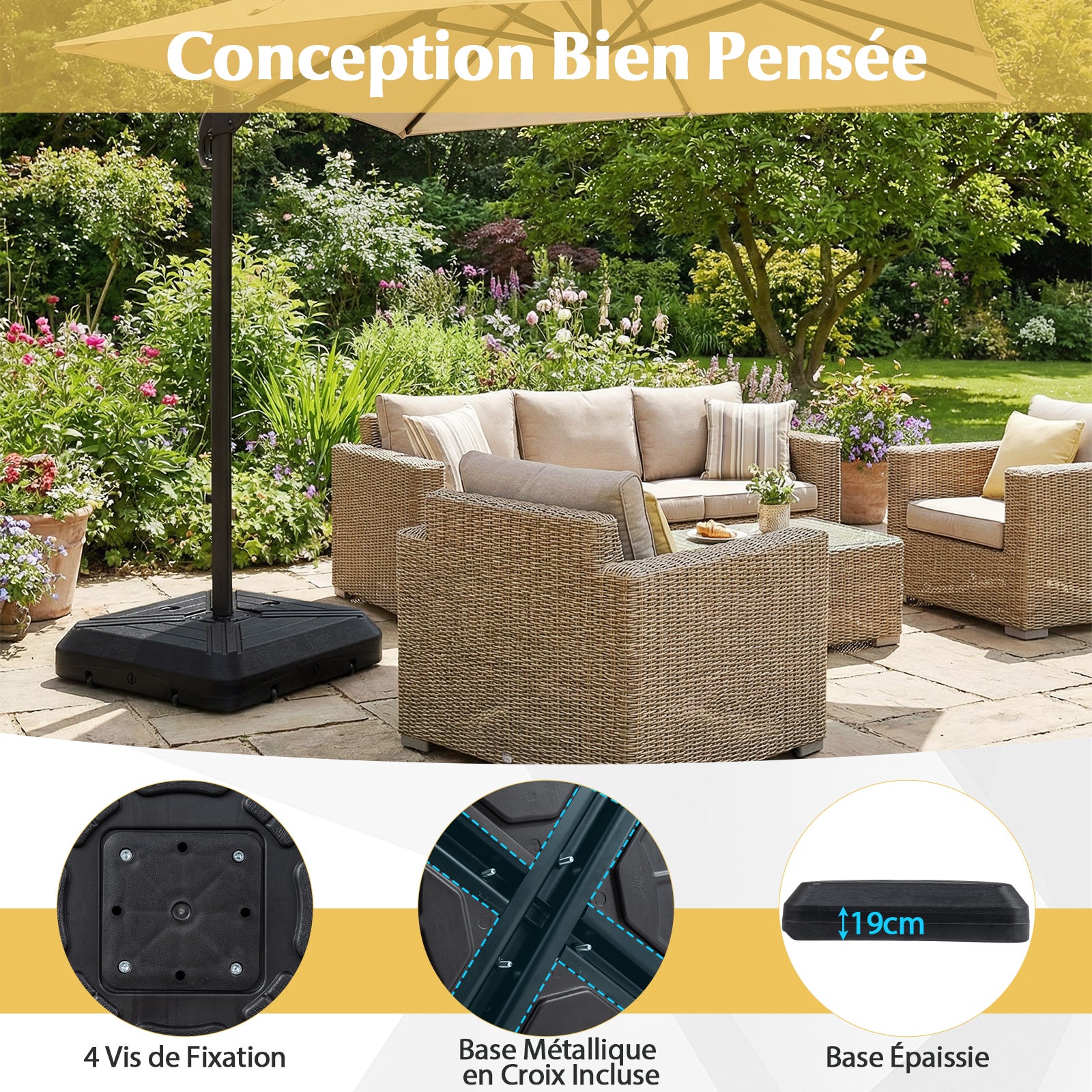 Base de Parasol Déportée Cantilever avec Roulettes, Support Poids pour Parasol avec Barre Transversale en Métal, HDPE, Noir - 9