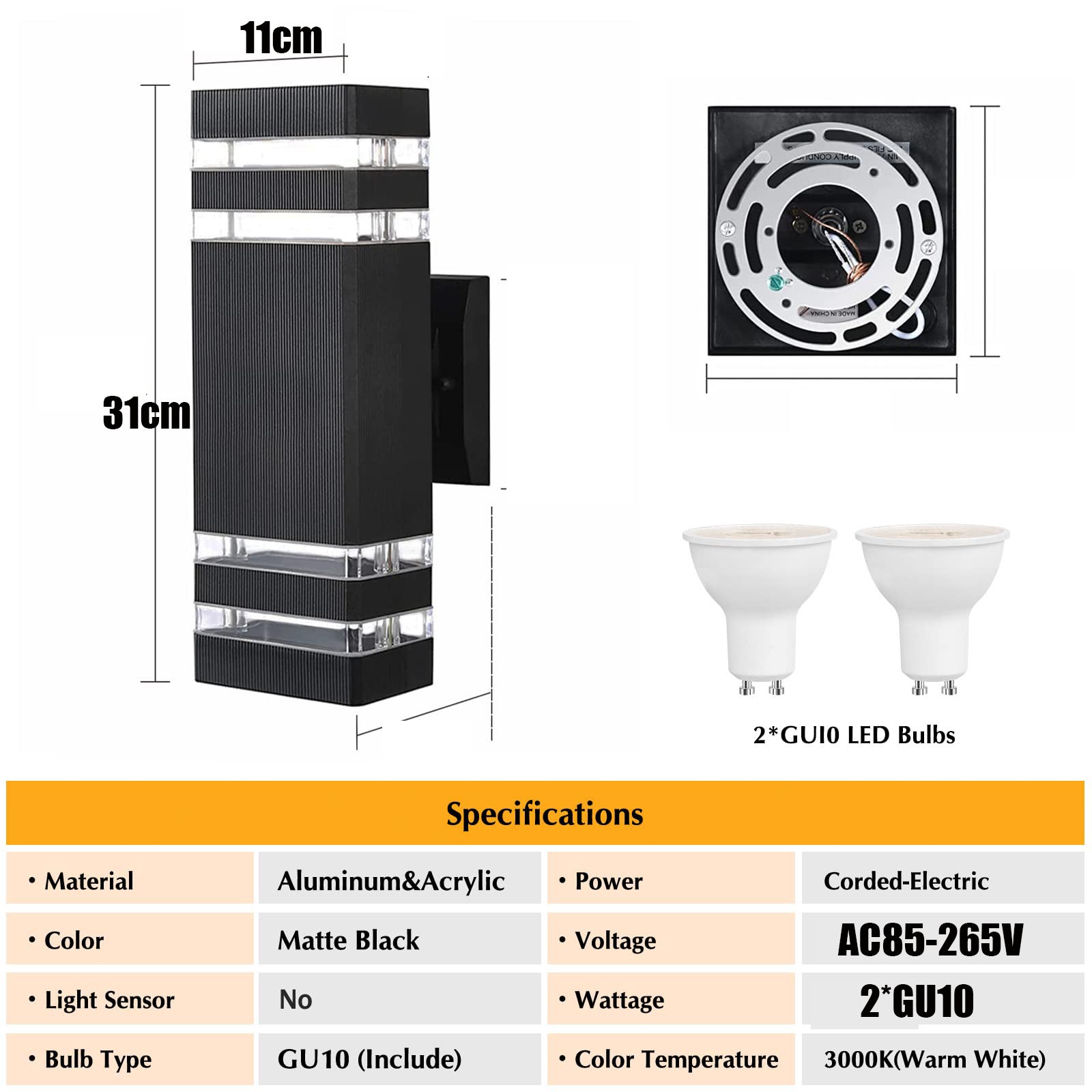 Set di 2 applique da parete moderne per esterni, in alluminio impermeabile, con luce dal basso verso l'alto, per verande e garage, 3000K (31*11cm) - 4