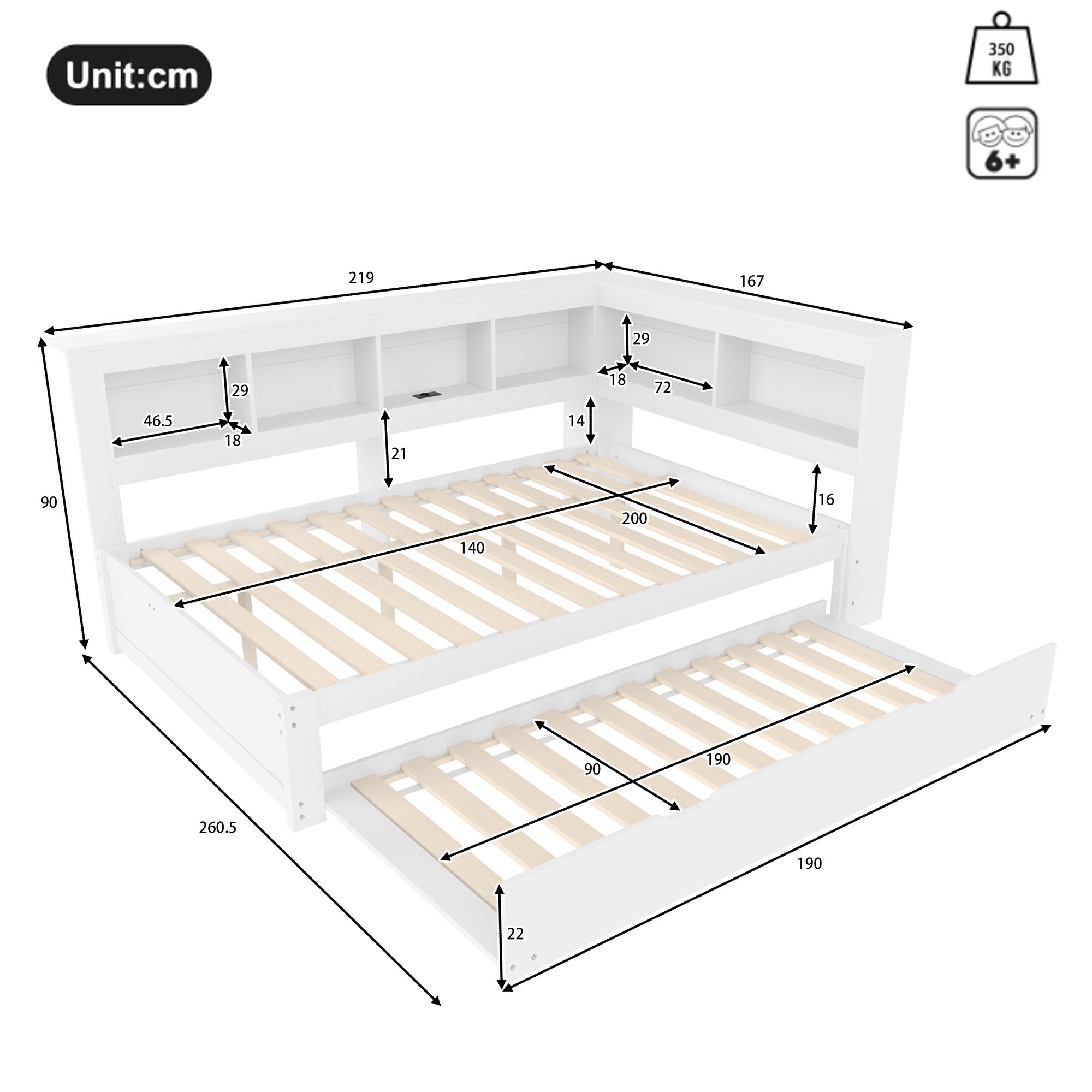 letto contenitore 140x200 cm, 2 cassetti, presa e 2 USB, MDF e pino, Bianco, senza materasso - 4