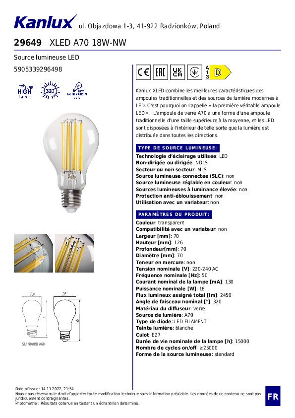 Ampola LED A70 – 18W 27 E27 – 2450lm – Bianco naturale – Vetro trasparente - 7