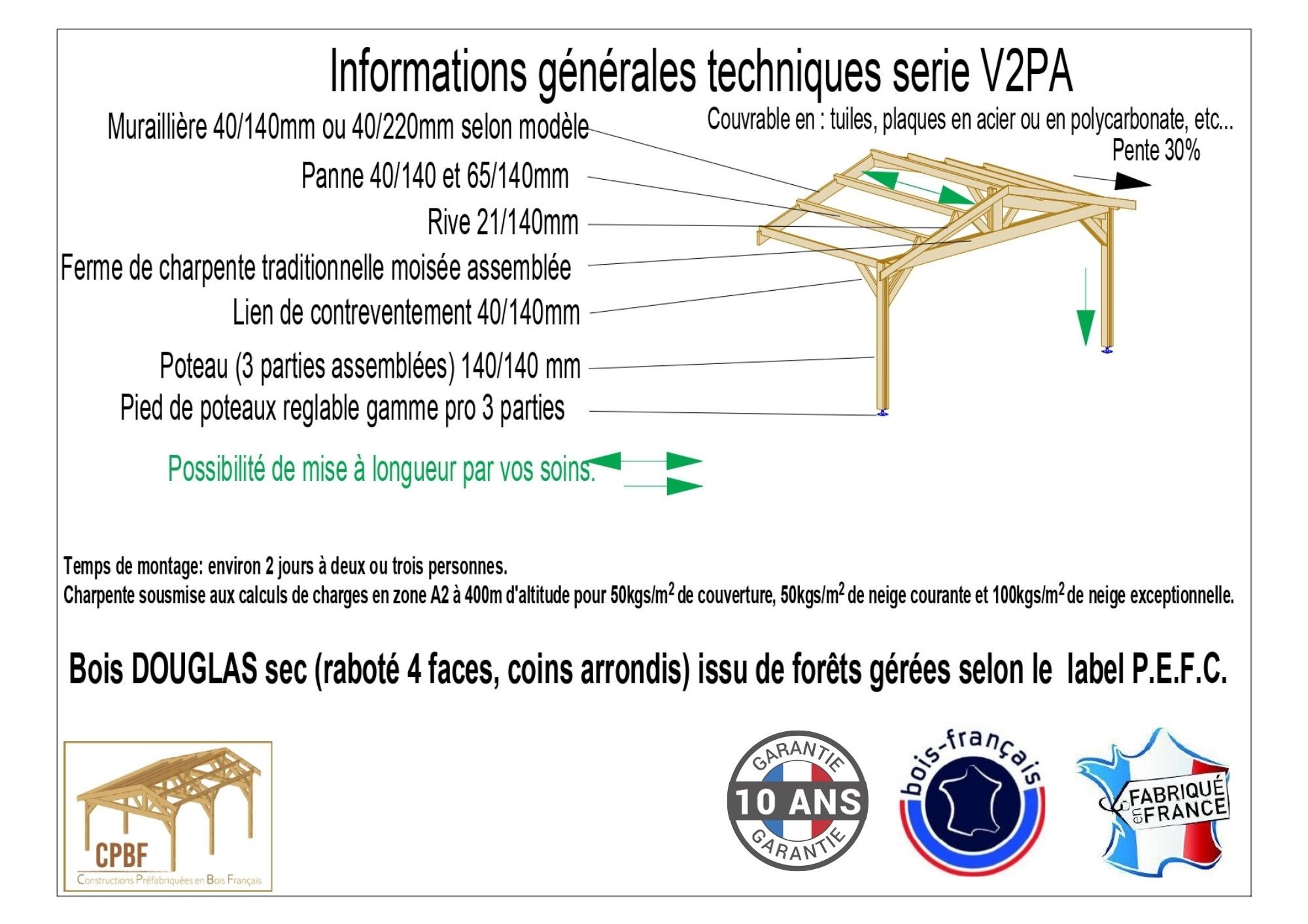 Carport Bois Douglas Français 30 m² – 2 pentes adossé – 4 poteaux – Abri voiture extérieur – Garantie 10 ans - 4