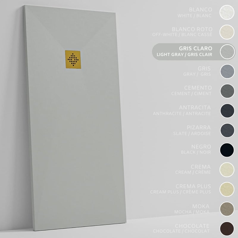 SOULHOME Brodzik prysznicowy– Żywica– Gel Coat– Gładka/Kamienna tekstura – Antypoślizgowy – jasnoszary – 100X70- Niski 3 cm– Ruszt Złoty