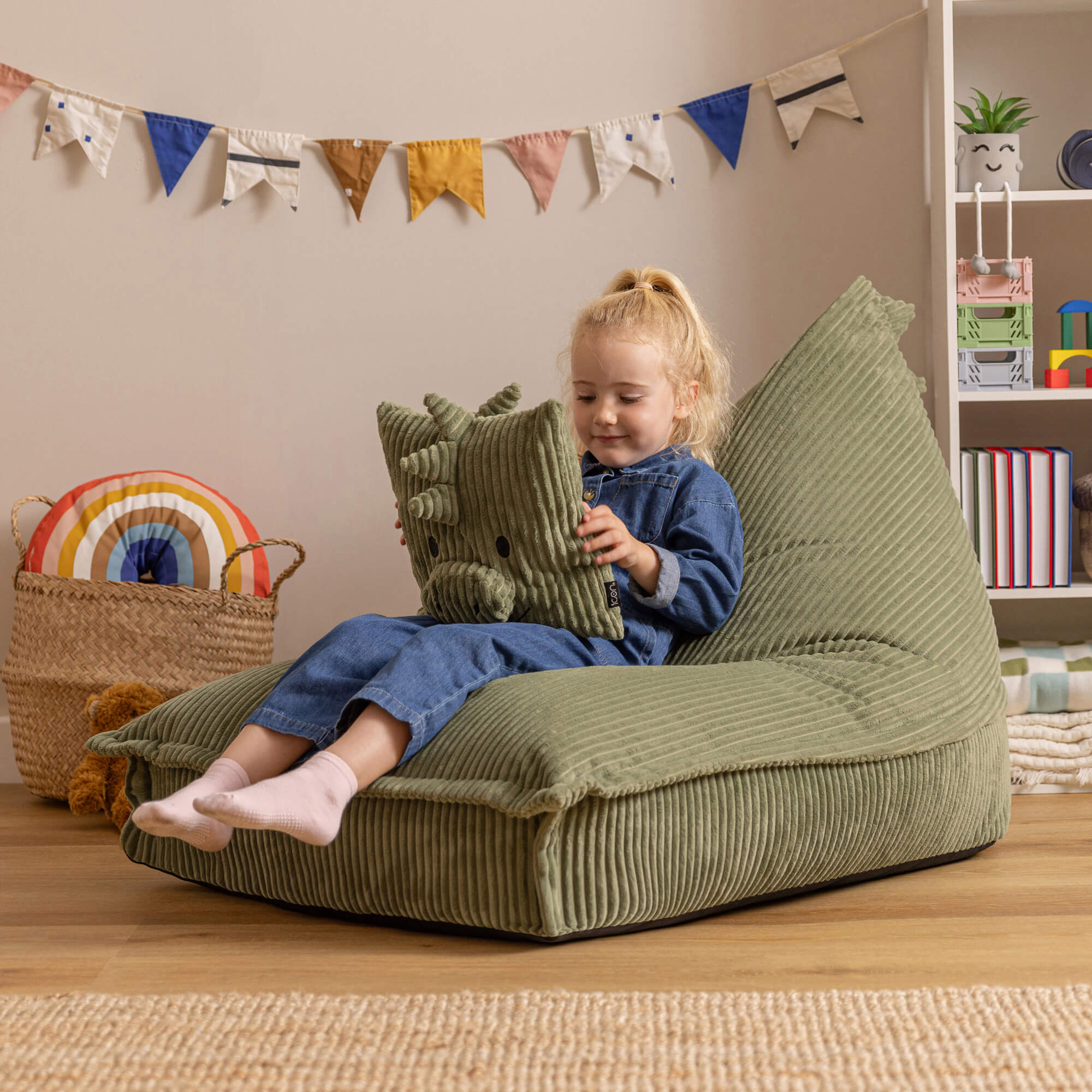 Pouf enfant Icon chauffeuse animal avec coussin, velours côtelé, dinosaure vert, chambre, salon, 102x72cm Oeko-Tex® - 3