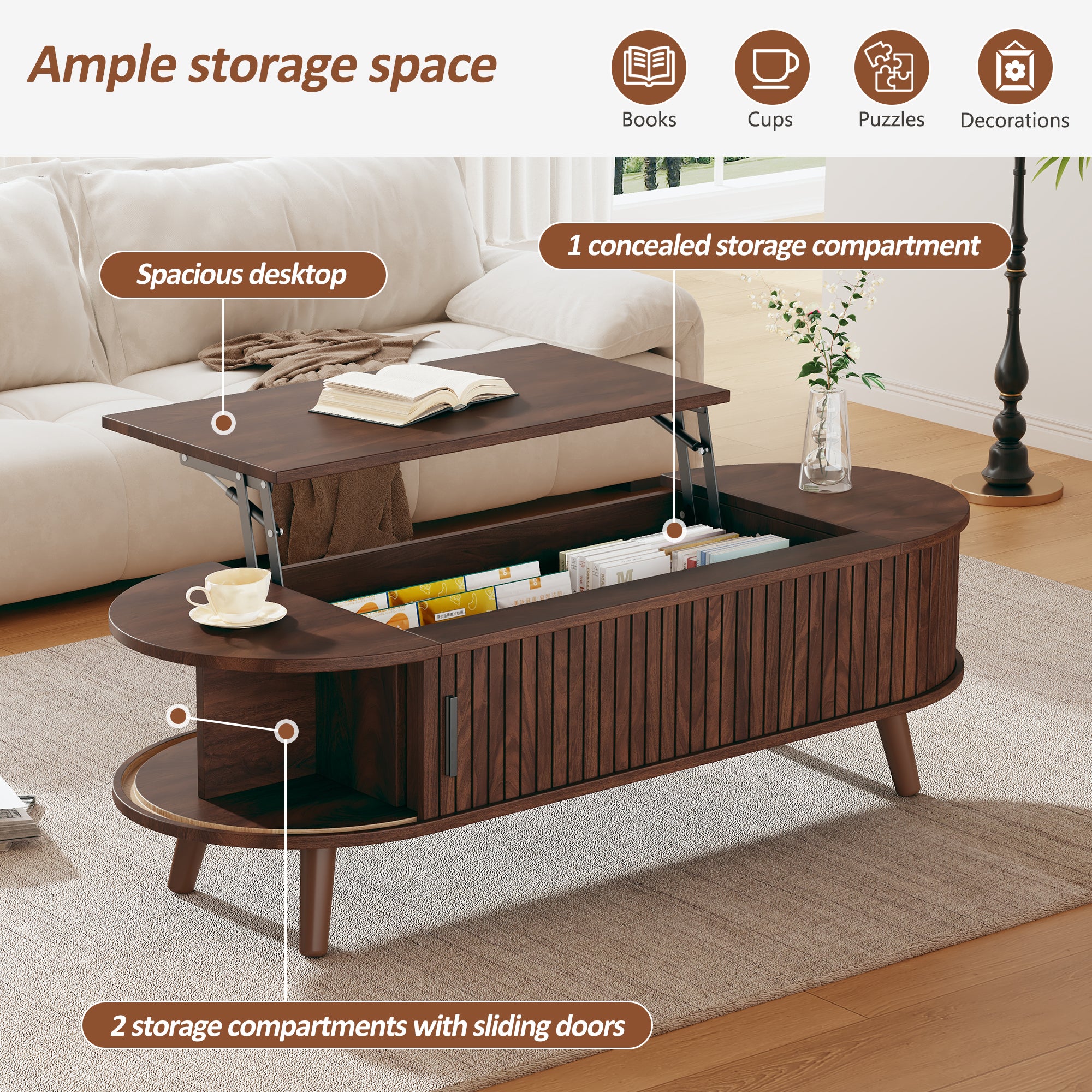 Table basse relevable 120x50x39.5 cm - 2 portes - Rangements cachés - Pieds en bois massif - Marron - 6