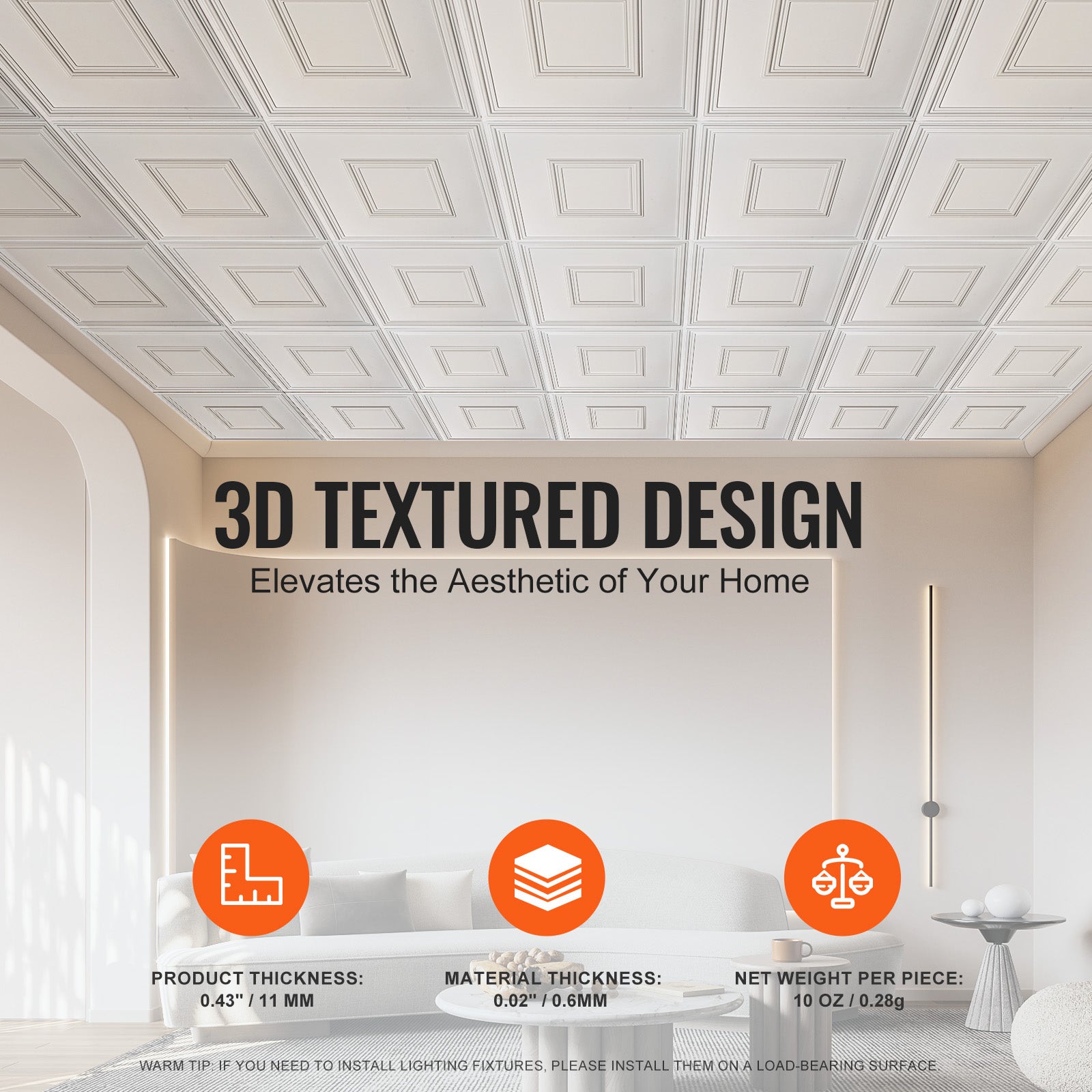 Dalles de Plafond PVC VEVOR Lot de 12, Plaques Décoratives 605 x 605 mm à Coller, Revêtement Blanc Motif 3D - 4