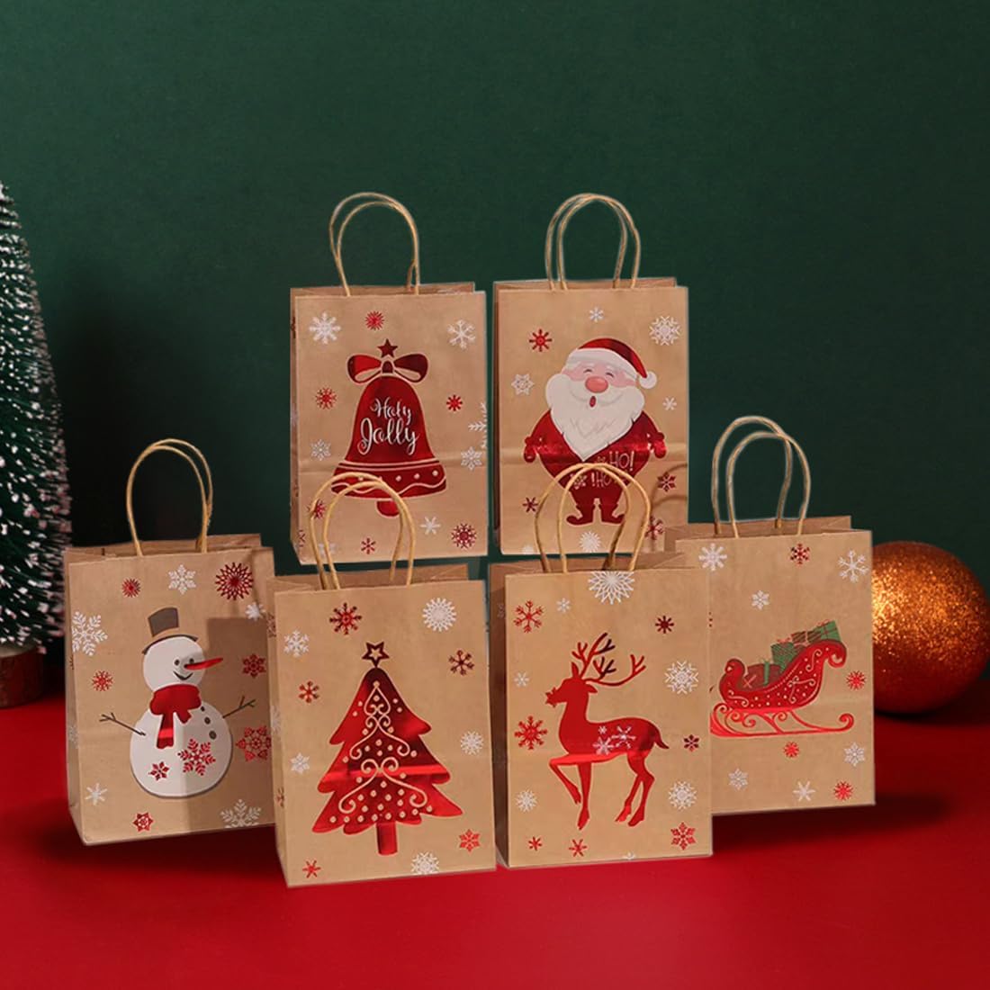 Set Di Sacchetti Regalo Di Natale In Carta Kraft Con Manici - Confezione Multipla