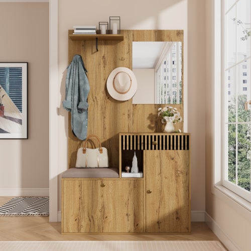 Ensemble de garde-robe, armoire compacte, armoire de couloir avec miroir et coussins, armoire à chaussures, 110 x 185,5 x 37cm - 3