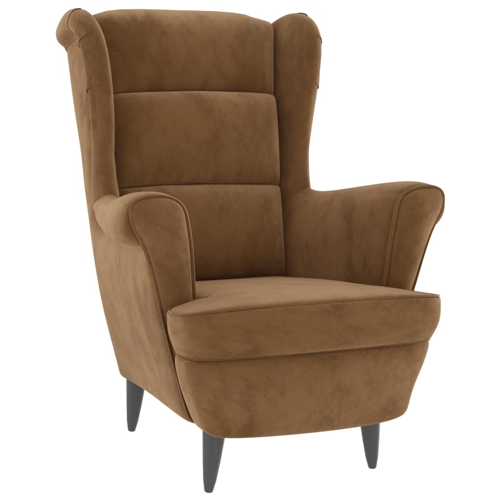 Fauteuil à oreilles avec tabouret marron en velours - 3