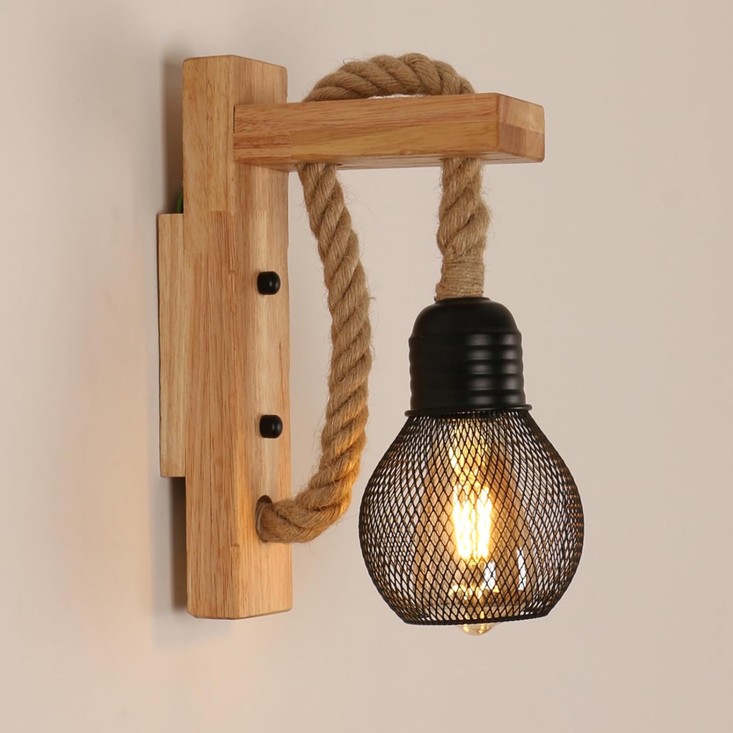 Rustykalna drewniana lampa ścienna, styl retro, czarny metalowy klosz E27, wewnętrzna lampa ścienna z konopnej liny, idealna do.