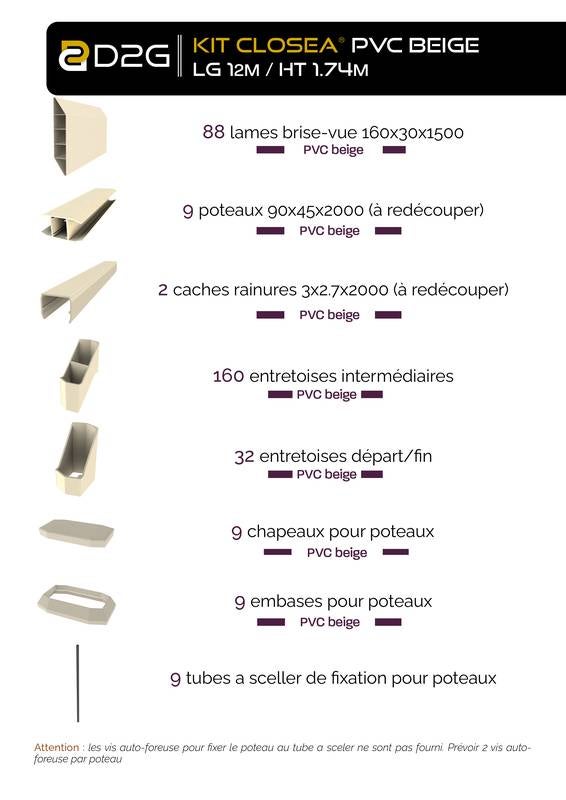 Kit cloture - Lame 16cm - PVC Beige - LG: 12m x H: 1m74 - 4