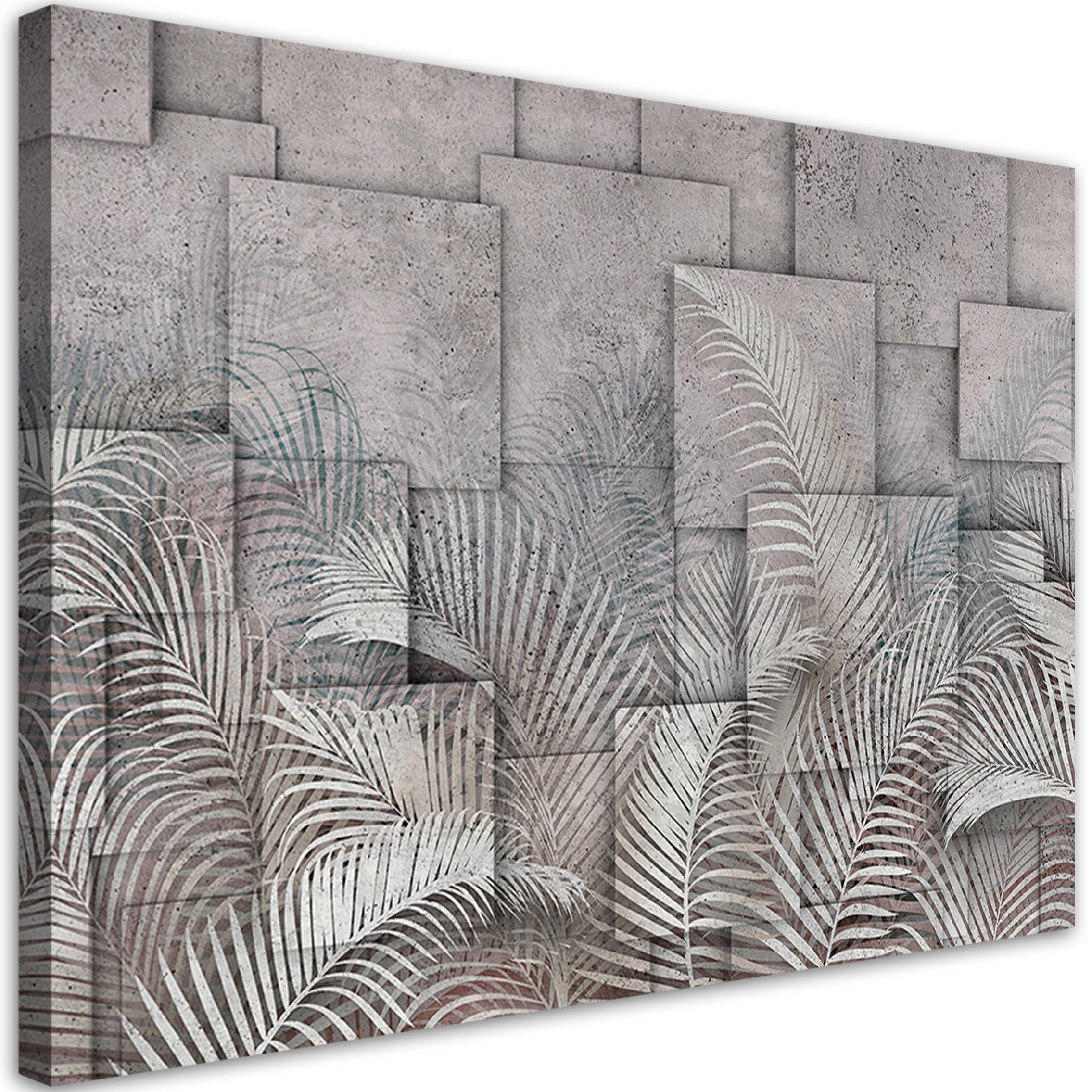Obraz na płótnie, Liście 3D na tle imitującym beton 120x80