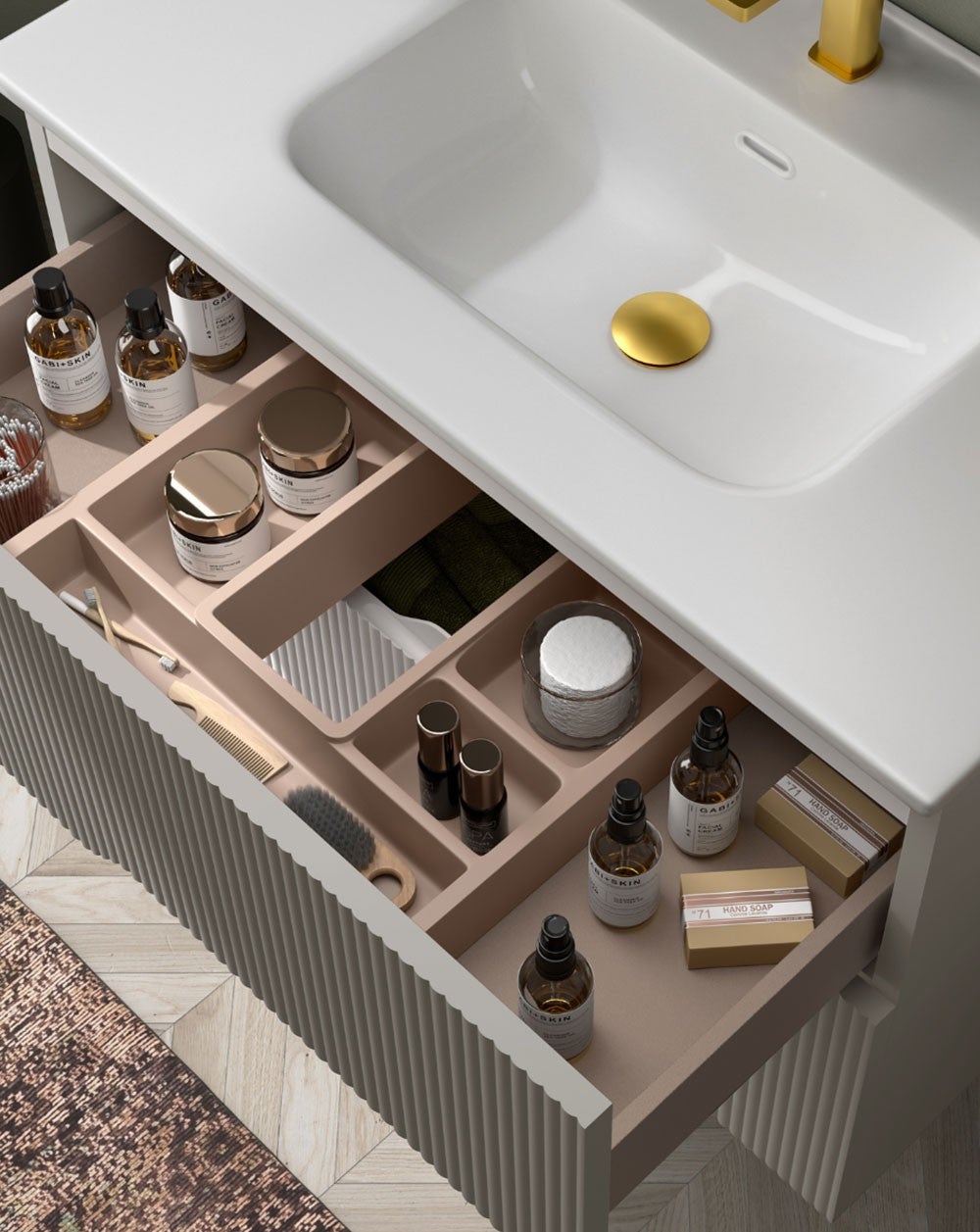 Mobili da bagno a muro con lavandino in ceramica | 2 cassetti con chiusura imbottita e organizzatore | 100 cm Moka - 3