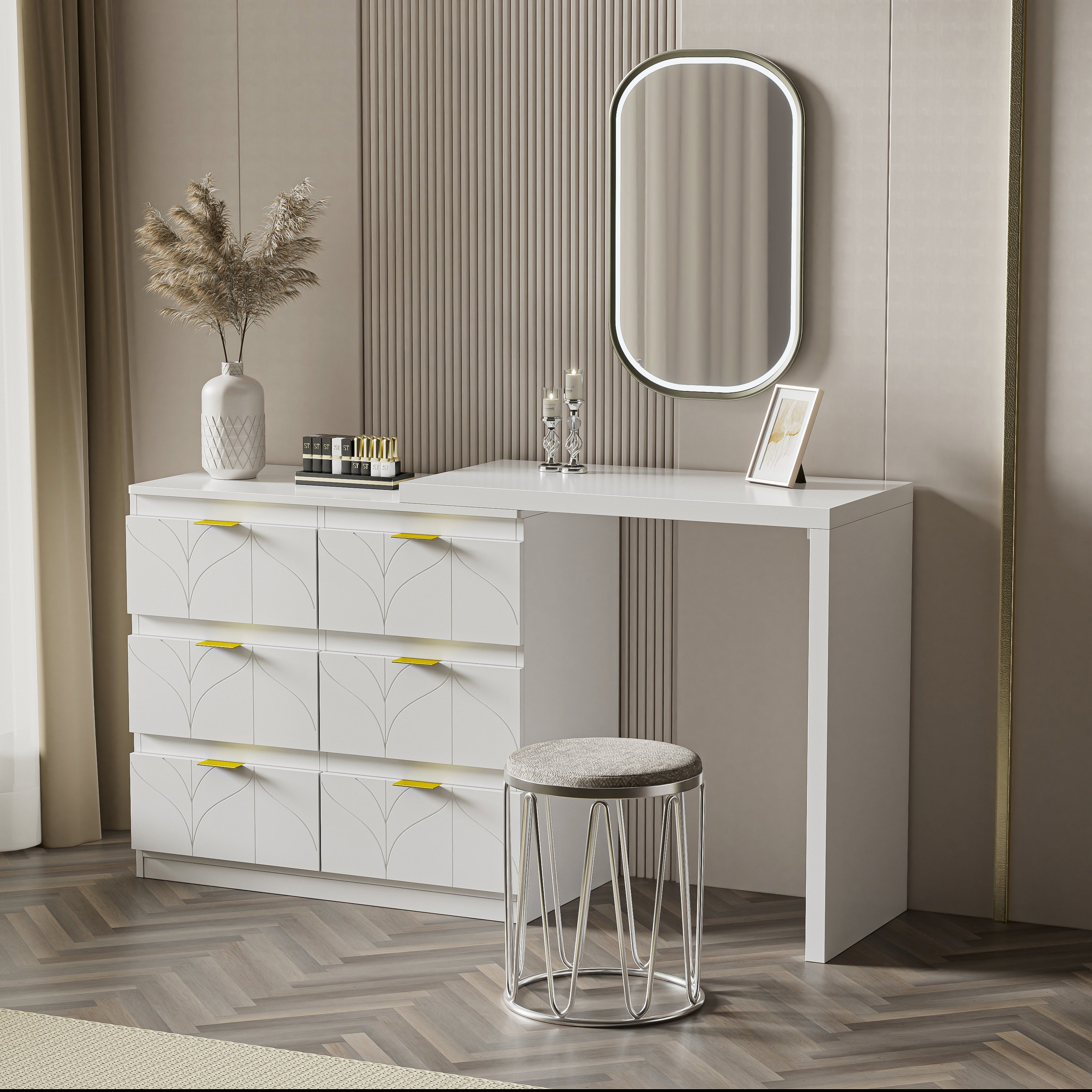 Toilette con tavolino - 6 cassetti e piano girevole a 180° - Legno MDF - Bianco - Senza specchio - 3