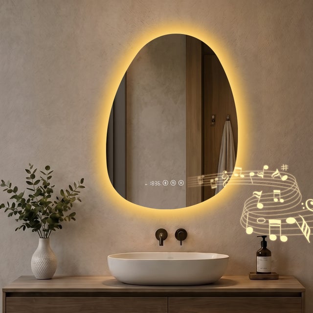 S'AFIELINA Miroir de Salle de Bain avec Éclairage Asymétrique 60 x 45 cm, 3 Couleurs de Lumière Réglables, Antibuée, Bluetooth, Horloge, Température