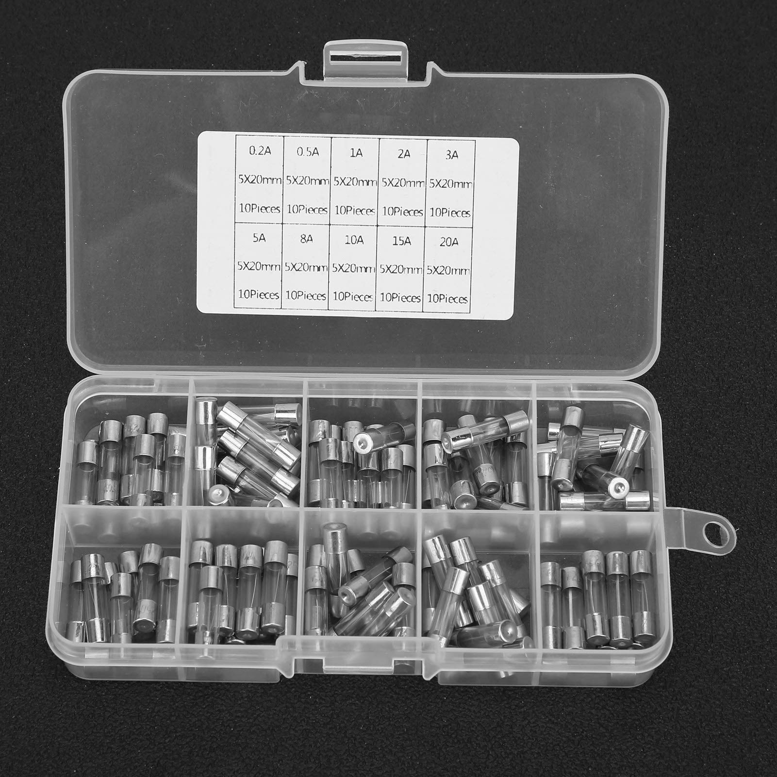 100 PZ Assortimento Fusibili In Vetro A Tubo Con Scatola 5X20Mm