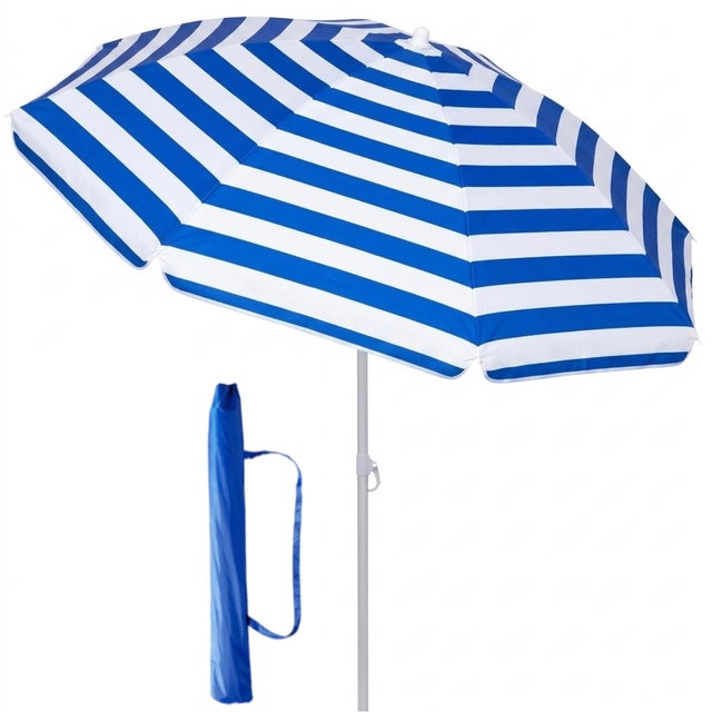 Sombrilla Playa Grande 220cm Plegable Anti Viento Protección Solar UV de Raya Azul