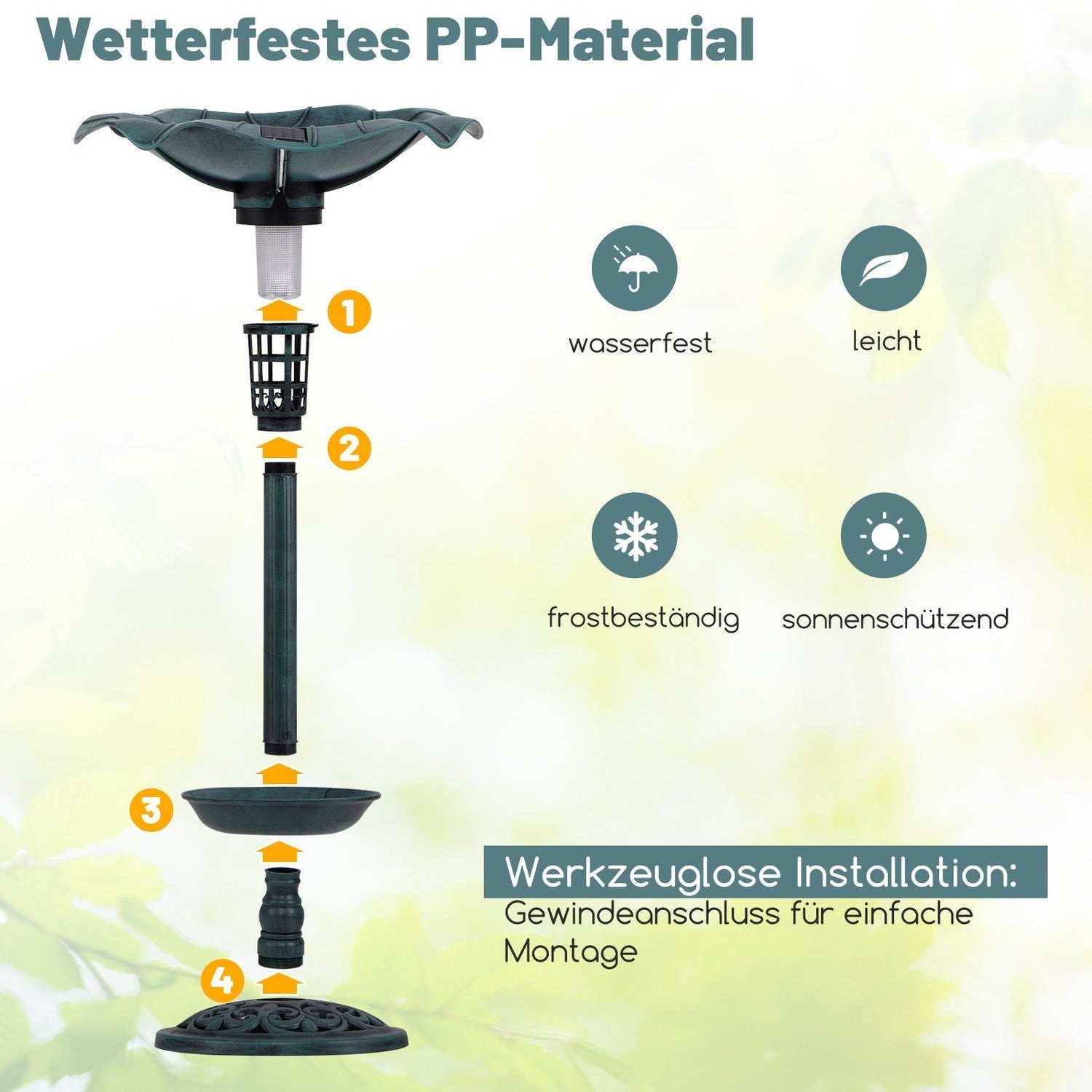 Bain d'oiseaux solaire avec lumière LED et jardinière - 9