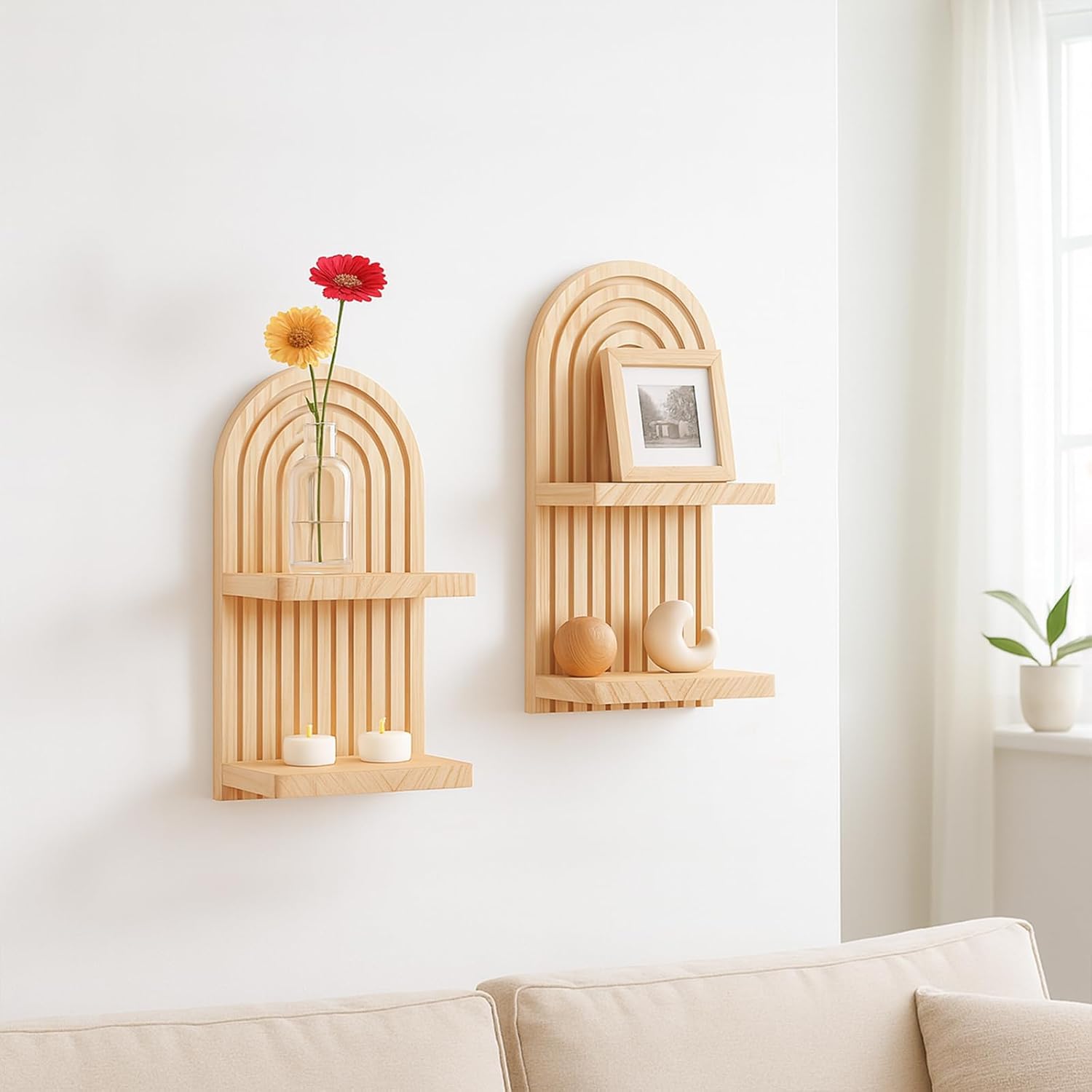 Lot de 2 étagères murales bohèmes - Étagère flottante à 2 niveaux massif, motif arc-en-ciel, faite main - Décoration murale pour bibelots，beige - 7