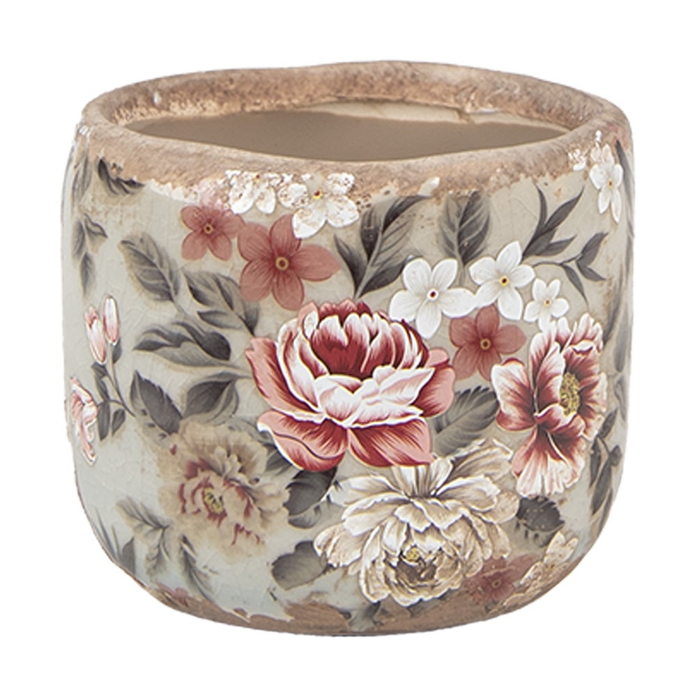 Pot De Fleurs Céramique Intérieur Rose Et Beige – Diamètre 18 Cm, Style Floral Élégant