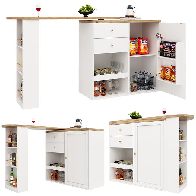 Table De Bar Extensible Avec Rangement - 138-204 X 39 X 105 Cm - Blanche Avec 2 Tiroirs Et Portes Pivotantes