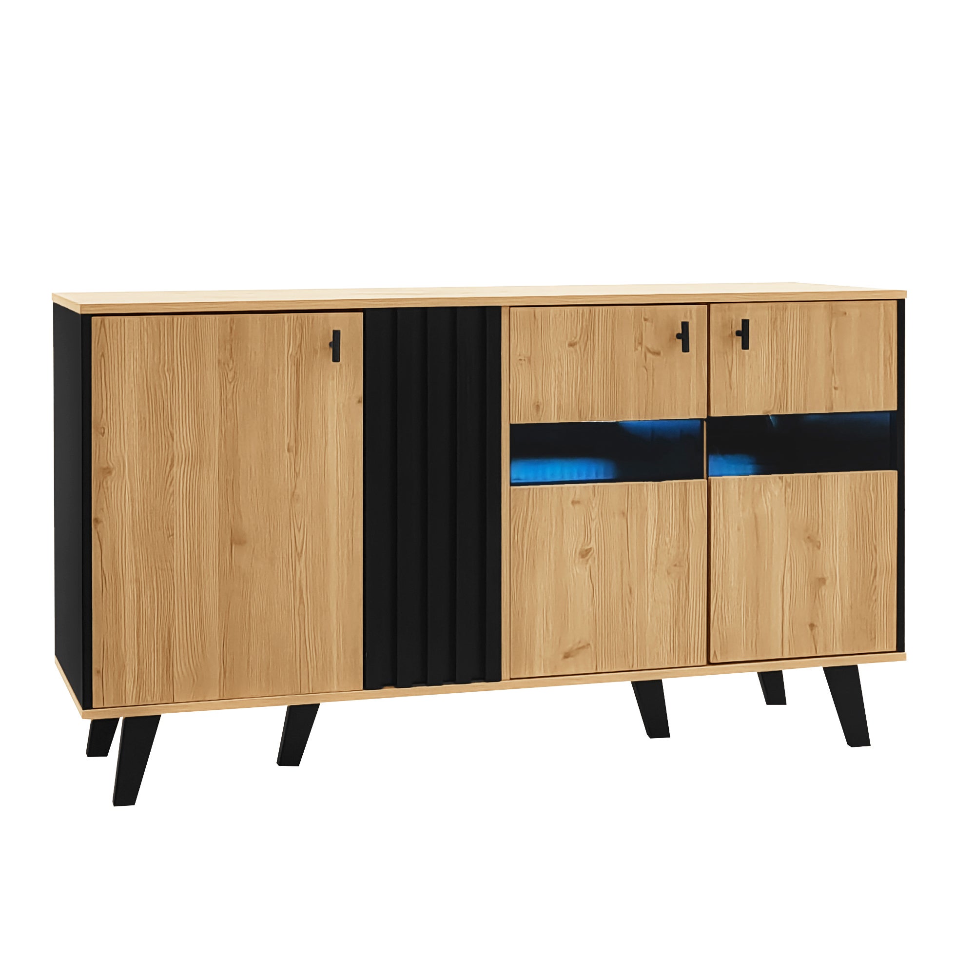 Komoda niska z 3 drzwiami - 140 x 78,5 x 41 cm - Szkło i płyta wiórowa - Diody LED - Naturalny - 9