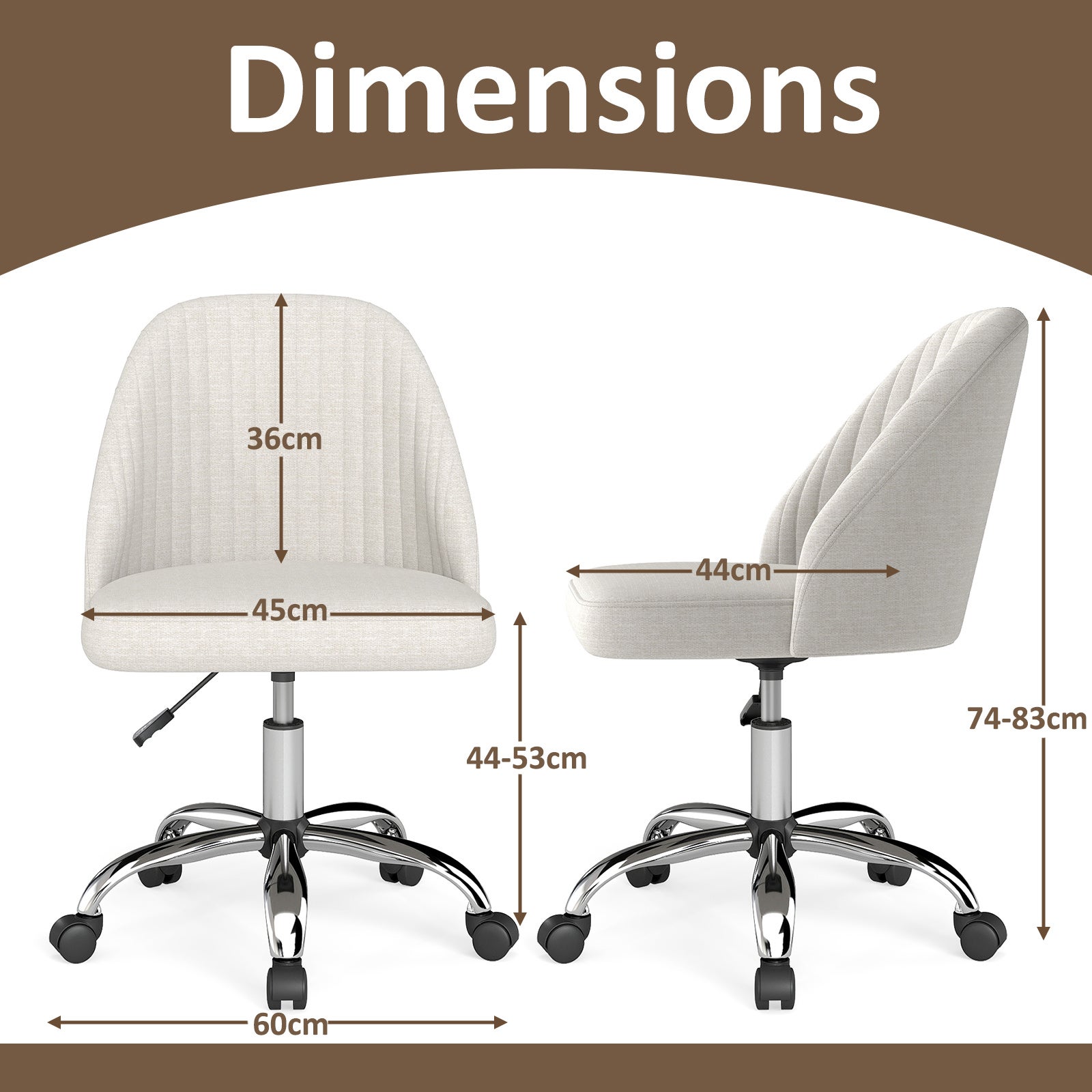 Chaise de Bureau Pivotante, Chaise de Coiffeuse sur Roulettes avec Siège Rembourré sans Accoudoirs, Réglable en Hauteur, Beige - 6