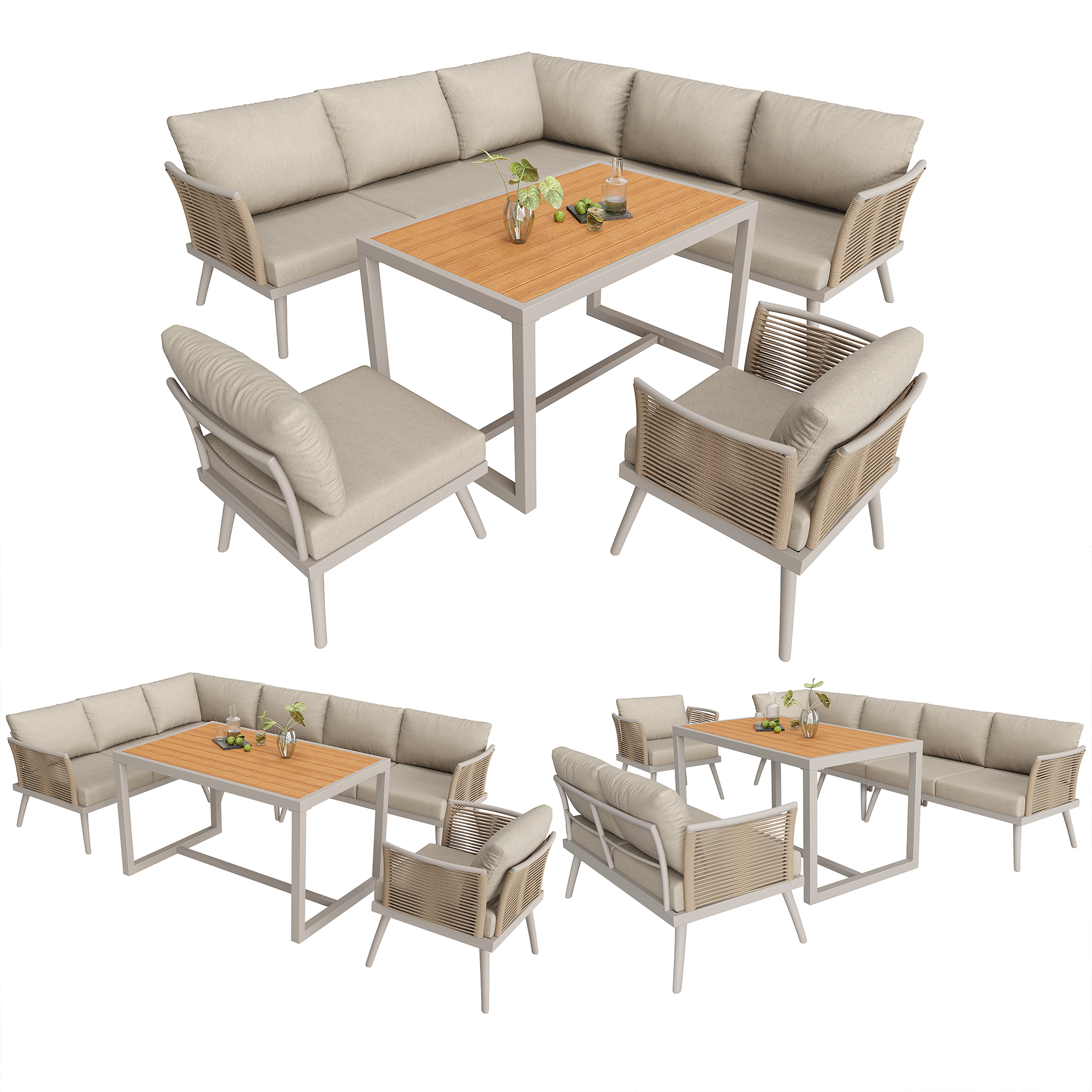 Salon de jardin modulable en fer 7 places : 1 canapé d'angle 5 places + 2 fauteuils + table basse - Beige - 7