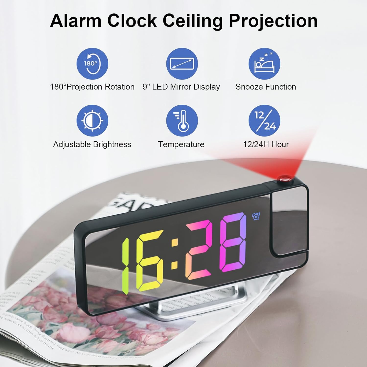 Horloge De Projection Pour Plafond De Chambre, Réveil Avec Projecteur | Hygromètre De Jauge De Moniteur D'humidité De Température,Alarme De Projecteur De Station Météo à Affichage LED Clair Pour Chamb