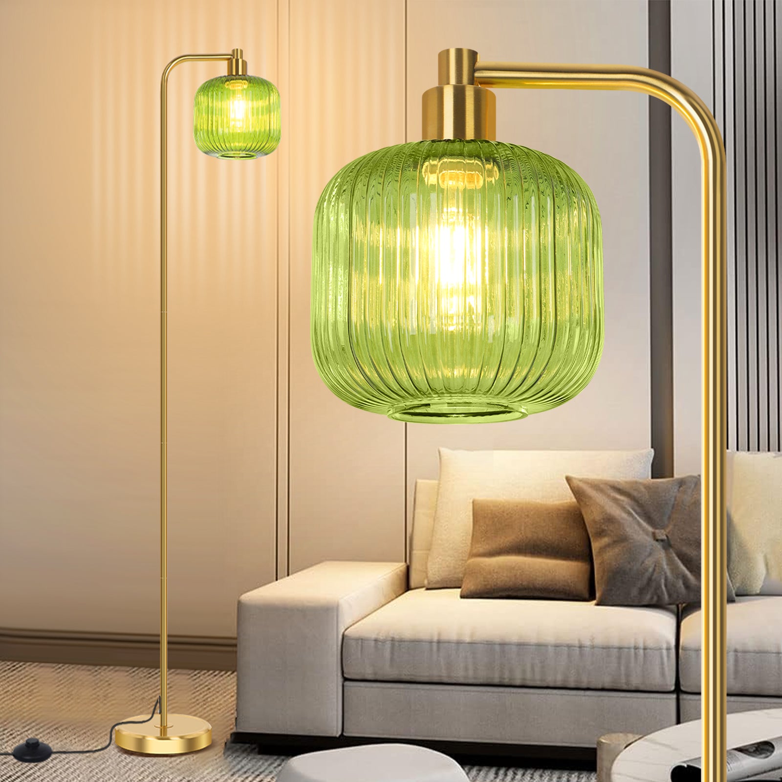 Lampadaire moderne en verre vert – abat-jour cannelé, interrupteur au pied, 170 cm, inclut ampoule LED 9W - 9
