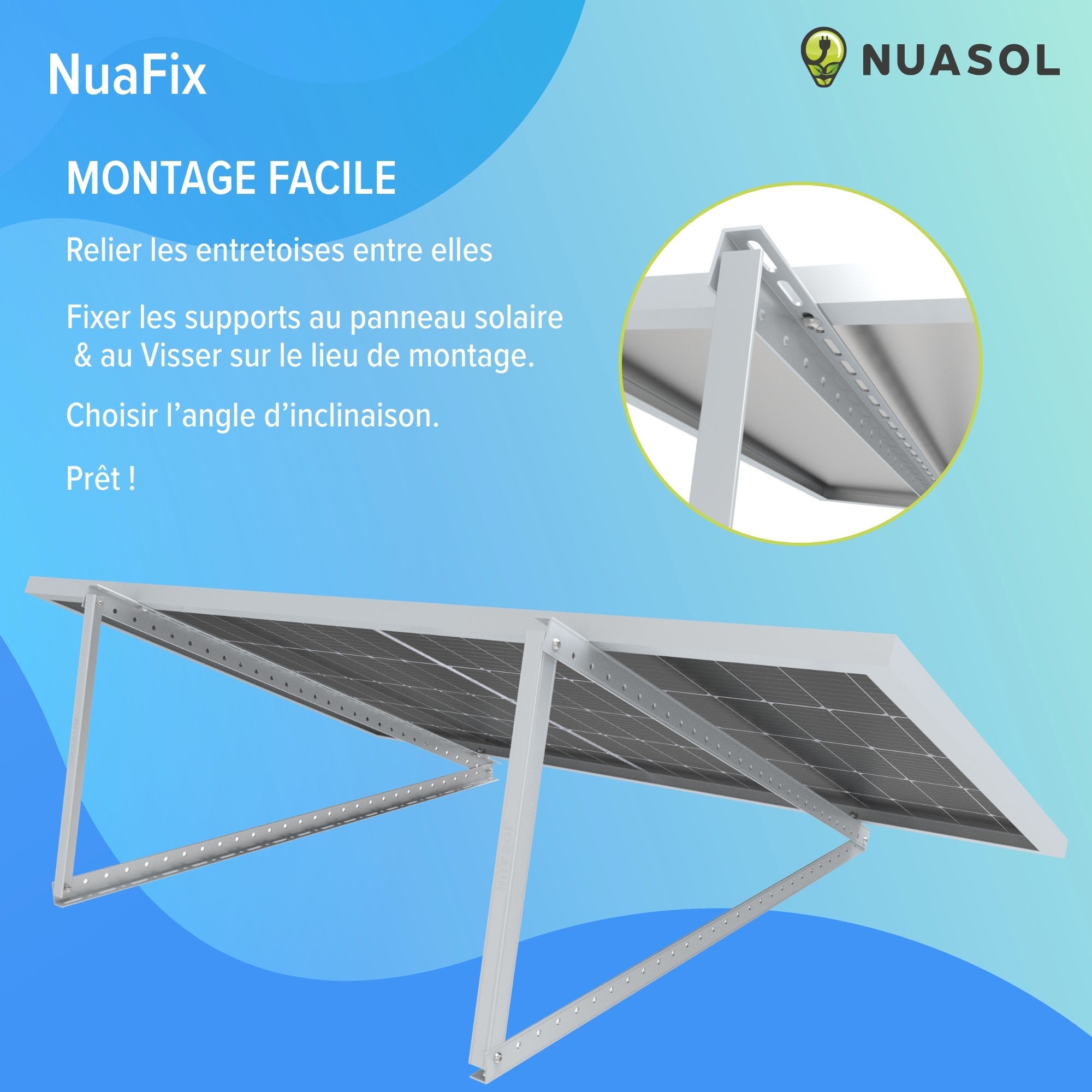 NUASOL Support pour panneau solaire jusqu'à 72 cm - Toit plat PV - Réglable de 0 à 90 ° - Lot de 4 - Aluminium - Matériel de montage - 4