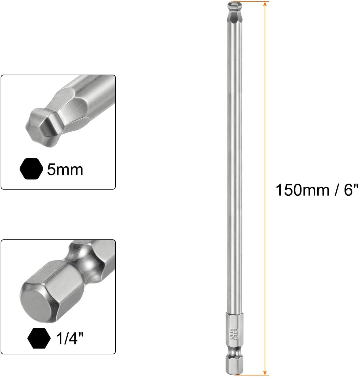 Zestaw 3 bitów do wkrętaków z końcówką kulistą, 5 mm (wys. 5,0), rozmiar 1/4" z trzpieniem sześciokątnym, długość 150 mm (6")