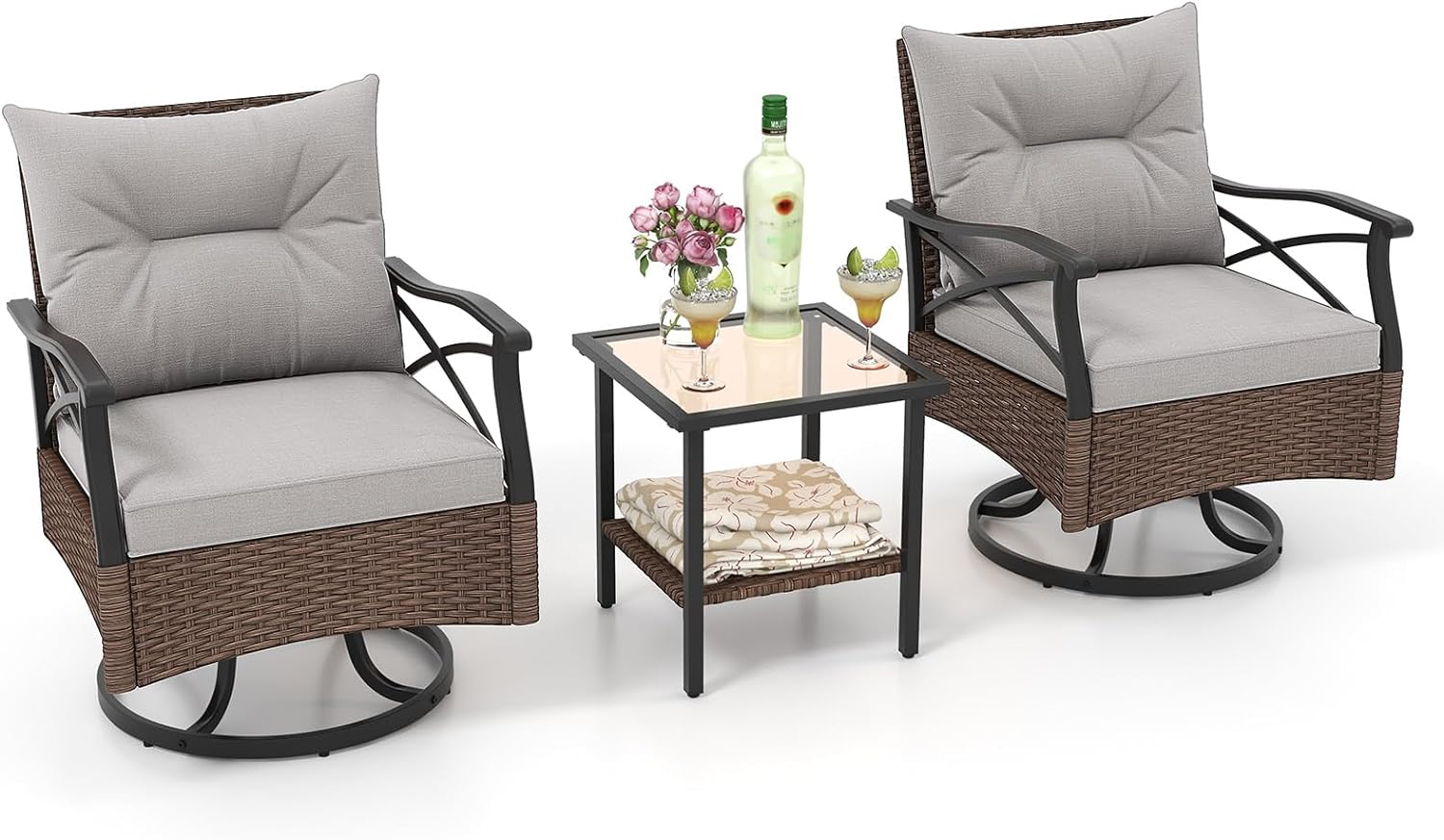 Set de mobilier de terasă din 3 piese, mobilier de grădină din ratan, 2 scaune balansoare rotative la 360° și masă joasă securizată 2 niveluri