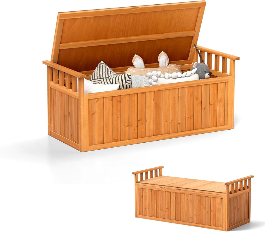 Dwuosobowa Ławka Ogrodowa z Drewna z Pojemnikiem o Pojemności 207 l, Odporna na Warunki Atmosferyczne, z Podłokietnikami, 128 cm, do Ogrodu, Podwórko