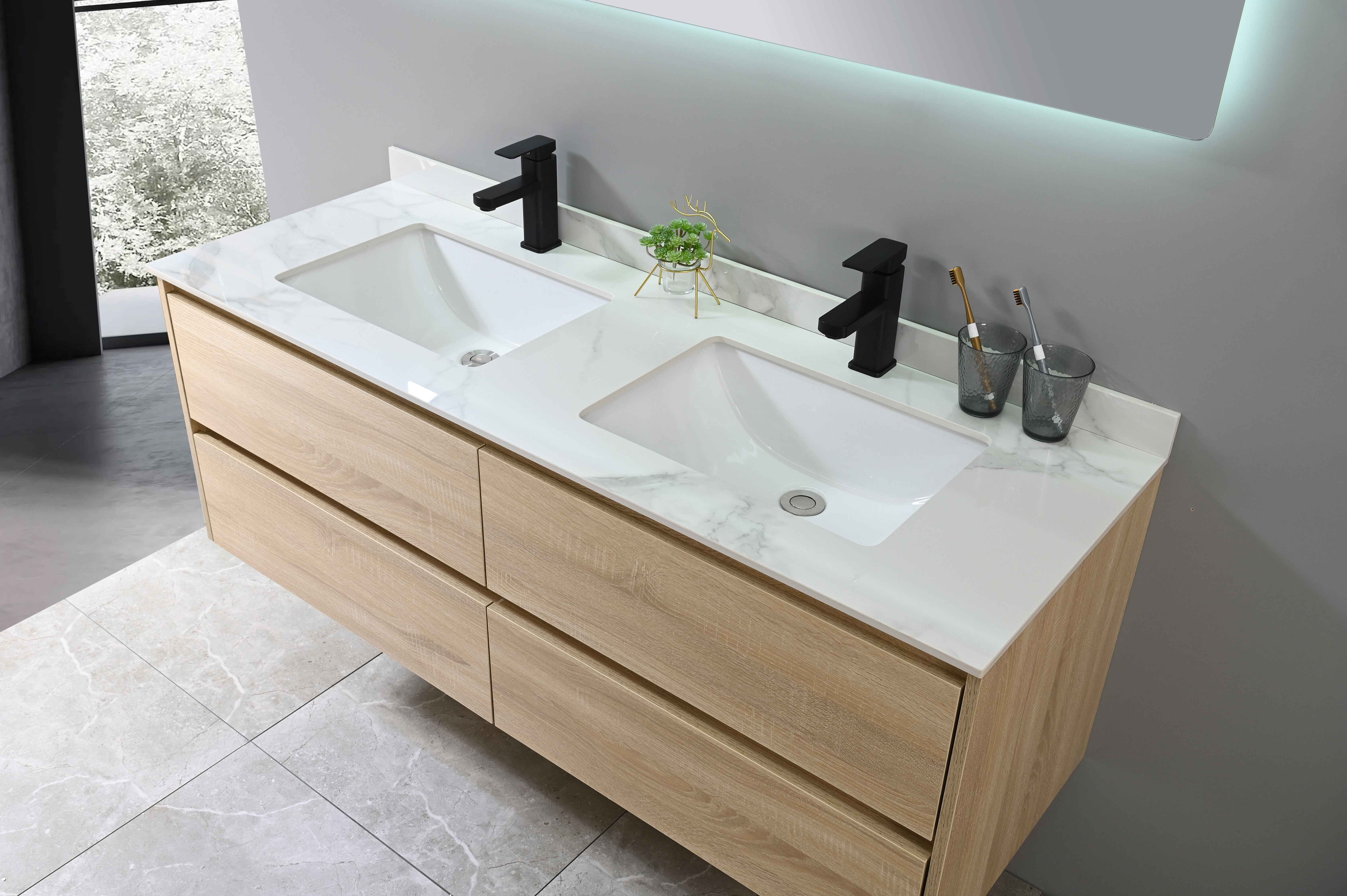 LuxuryBain- Meuble de salle de bain double vasque 140cm bois et blanc effet marbre avec miroir LED LB-8475 - 3
