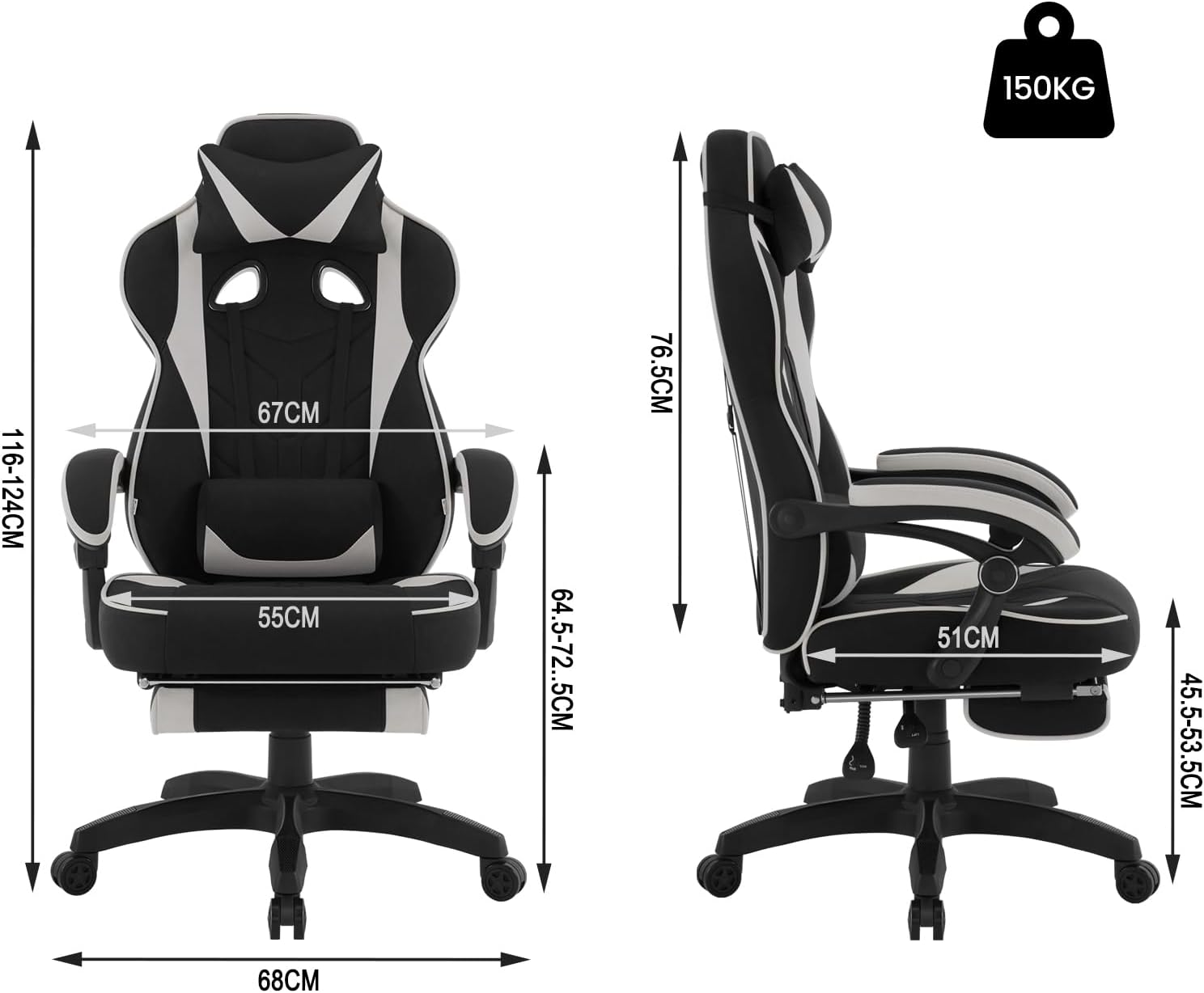 WOLTU Chaise Gaming en Tissu Respirant，Fauteuil Gamer Ergonomique，avec Coussin Lombaire，Appui-Tête et Repose-Pieds，Tissu Leathaire，Gris - 4