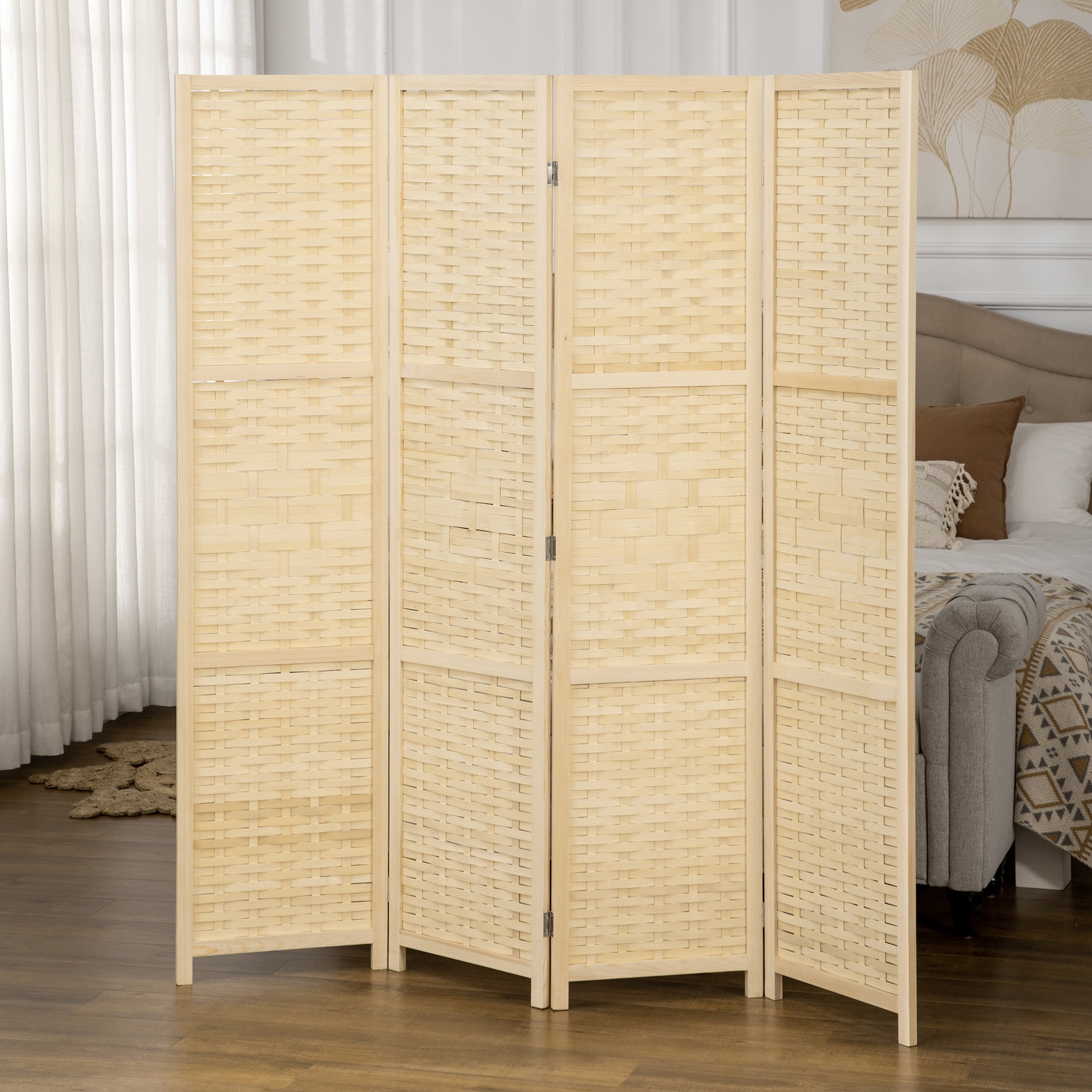 Moustiquaire intérieure 4 portes bois bambou tissé séparation pliante économisant espace hauteur 170 cm naturelle - 4