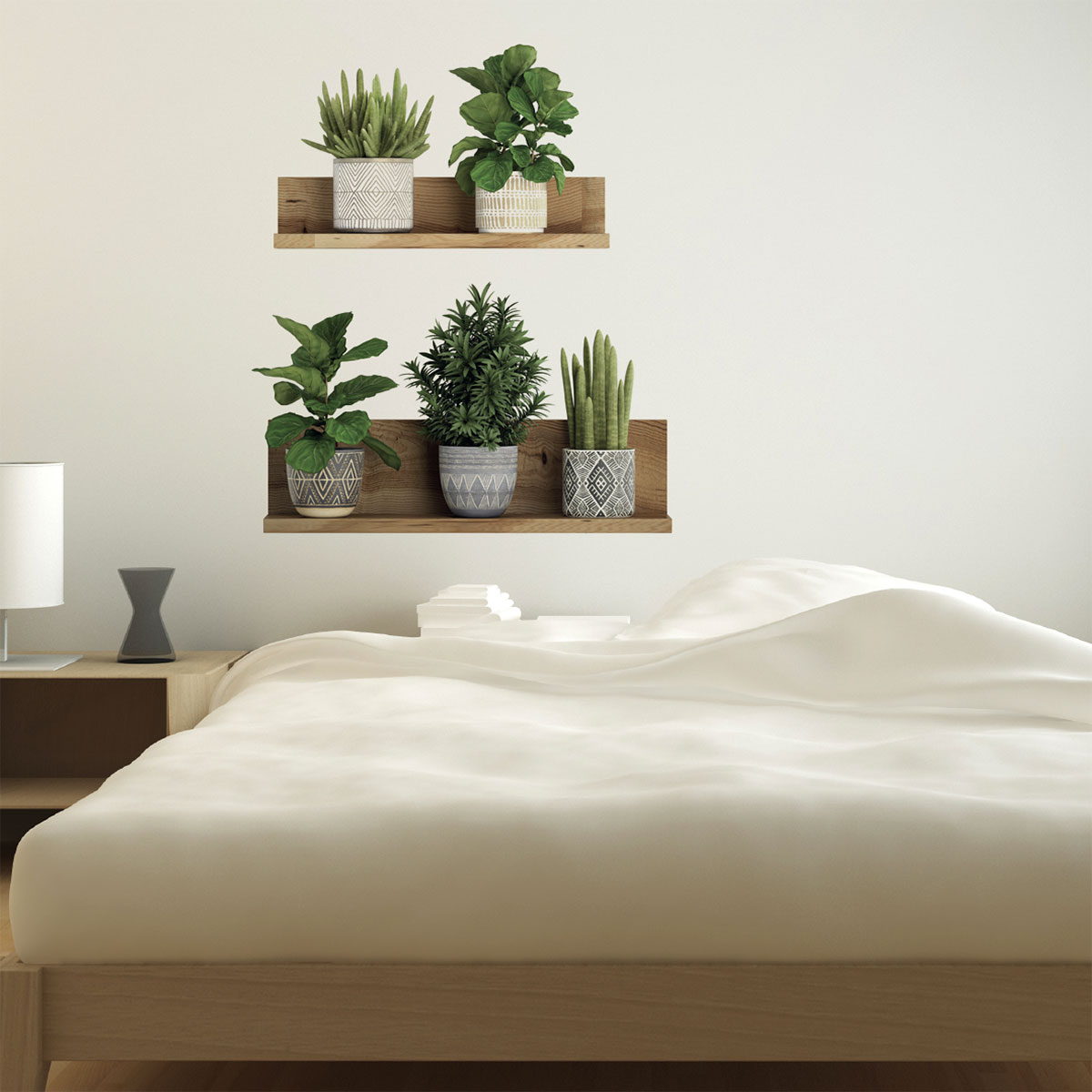 Vinilo efecto 3d plantas verdes en los estantes - adhesivo de pared - revestimiento sticker mural decorativo - 90x90cm