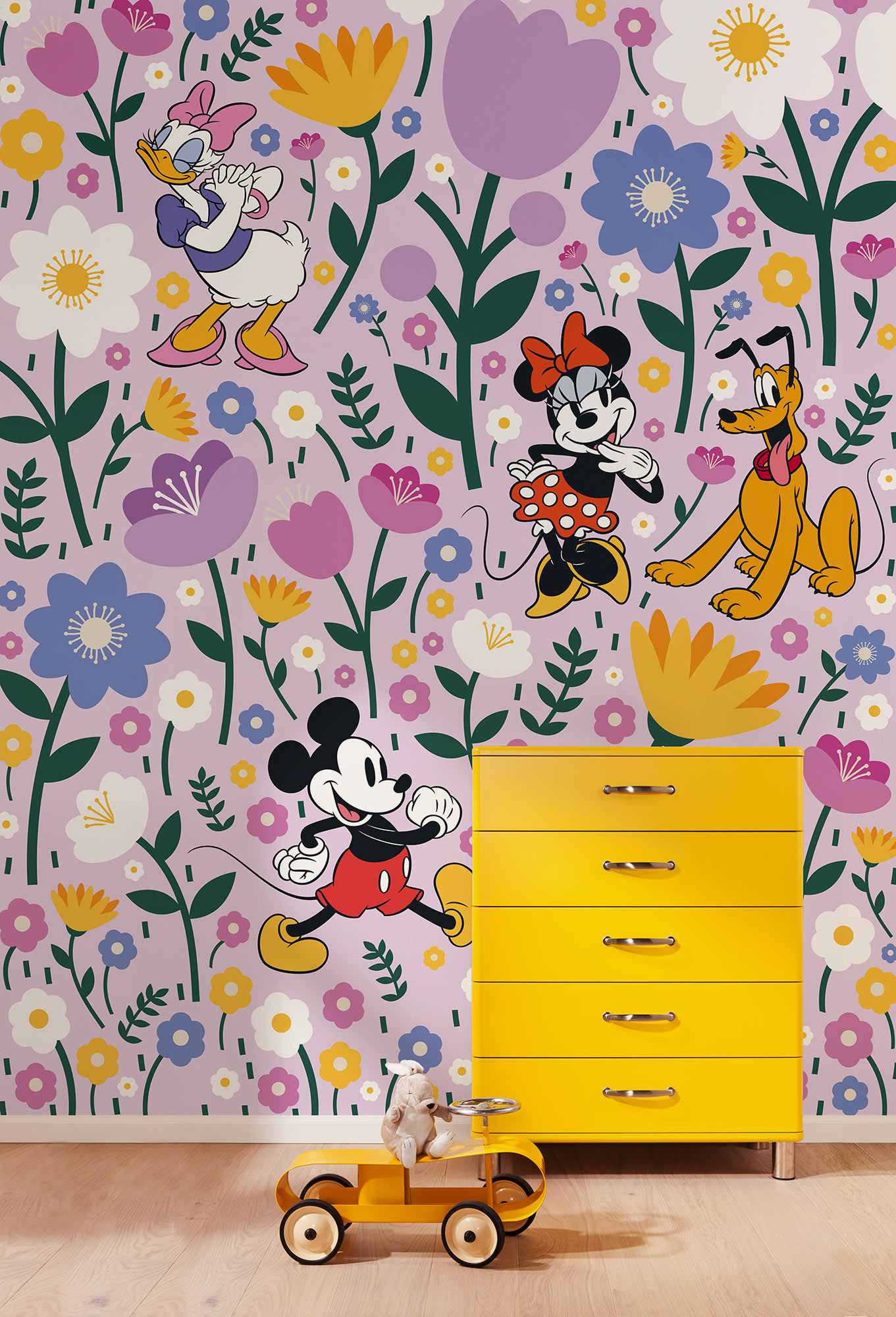 Papel pintado no tejido panorámico de komar - disney mickey mouse and minnie mouse botanical spring - talla: 200 x 250 cm
