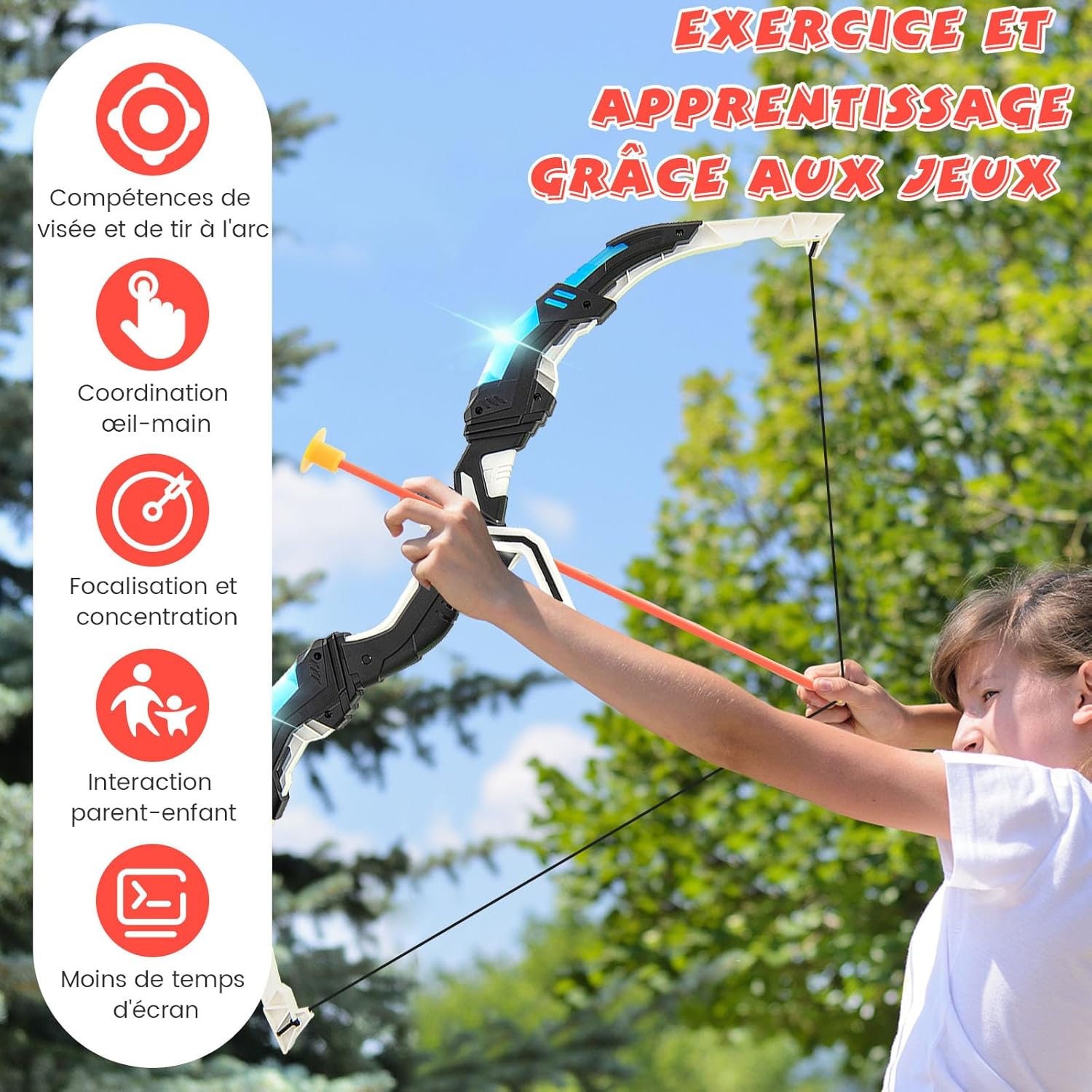 Arcs et Flèches Enfants, Ensemble Tir à l'arc à LED avec 20 Flèches à Ventouse, 2 Carquois, Jeu de Tir Intérieur Extérieur pour 3 à 12 Ans - 8